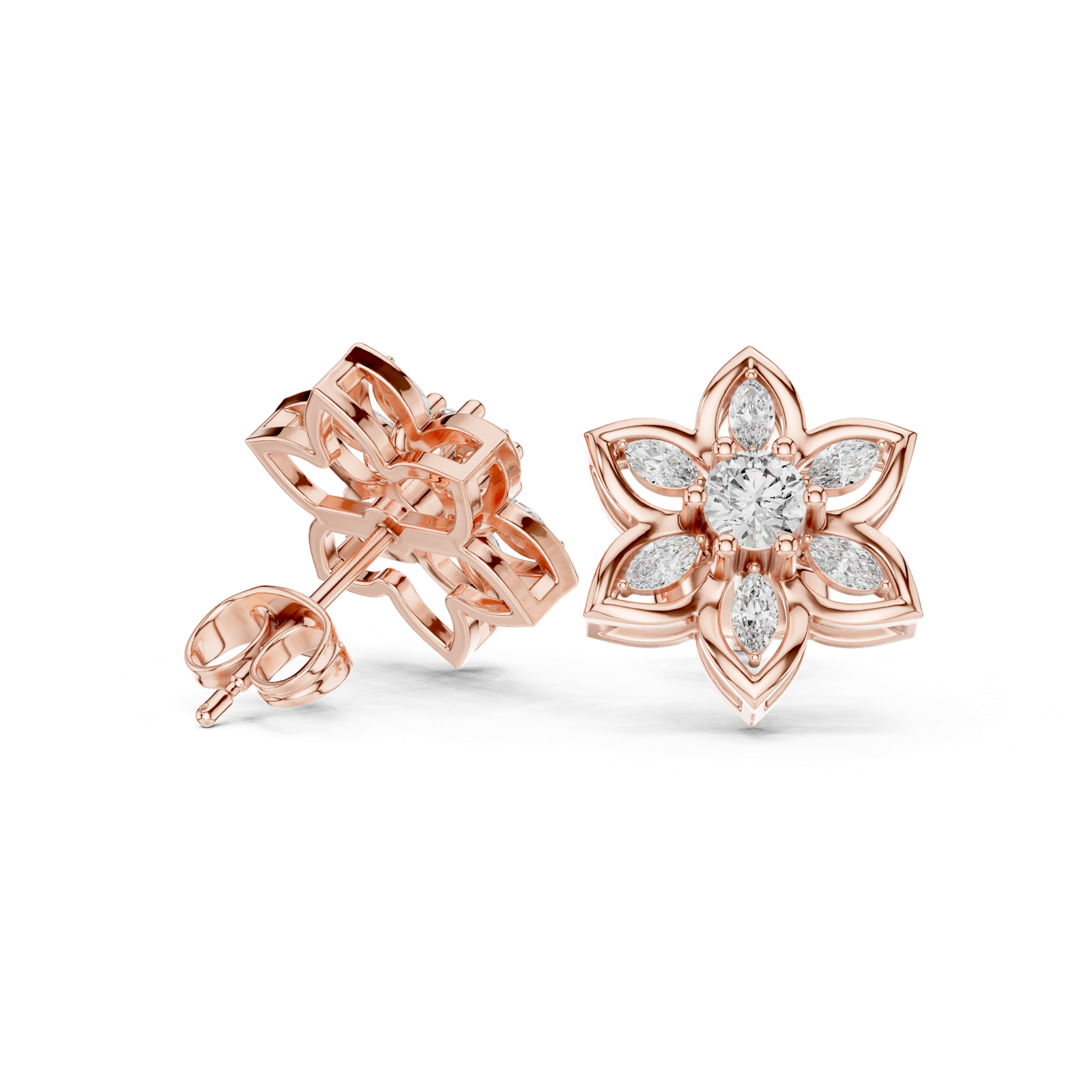14K Solid Gold Lab Diamond Flower Cluster Earrings, Rose Gold, view 1