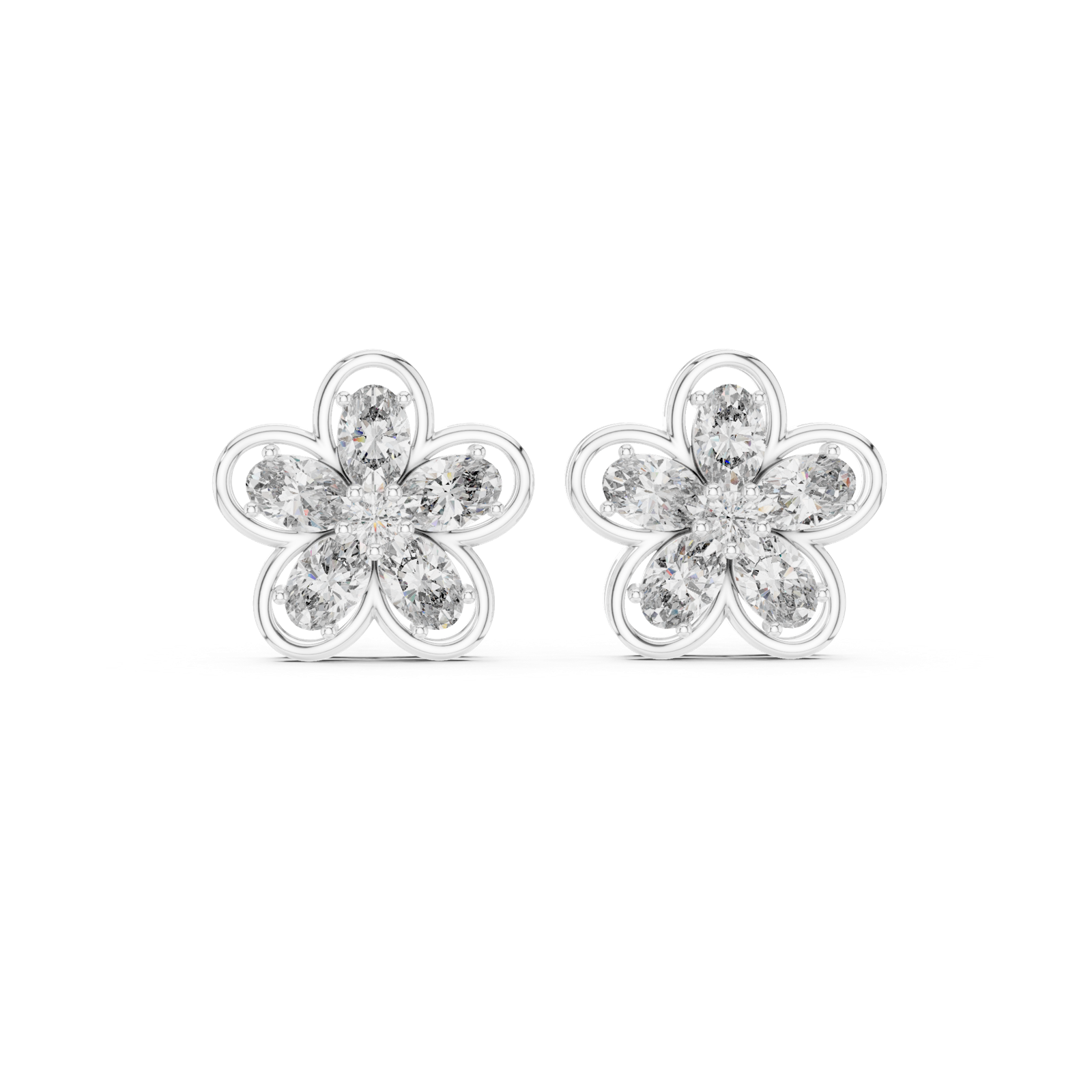 14K Solid Gold Lab Diamond Flower Cluster Earrings, White Gold