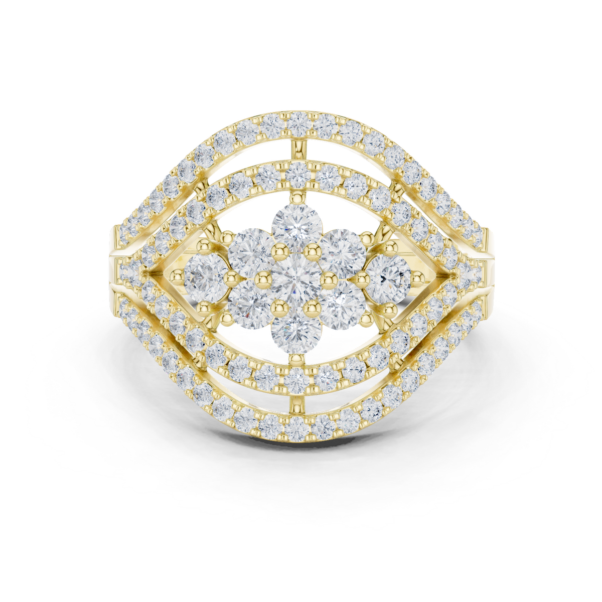 14K Solid Gold Lab Diamond Flower Cluster Ring, Yellow Gold