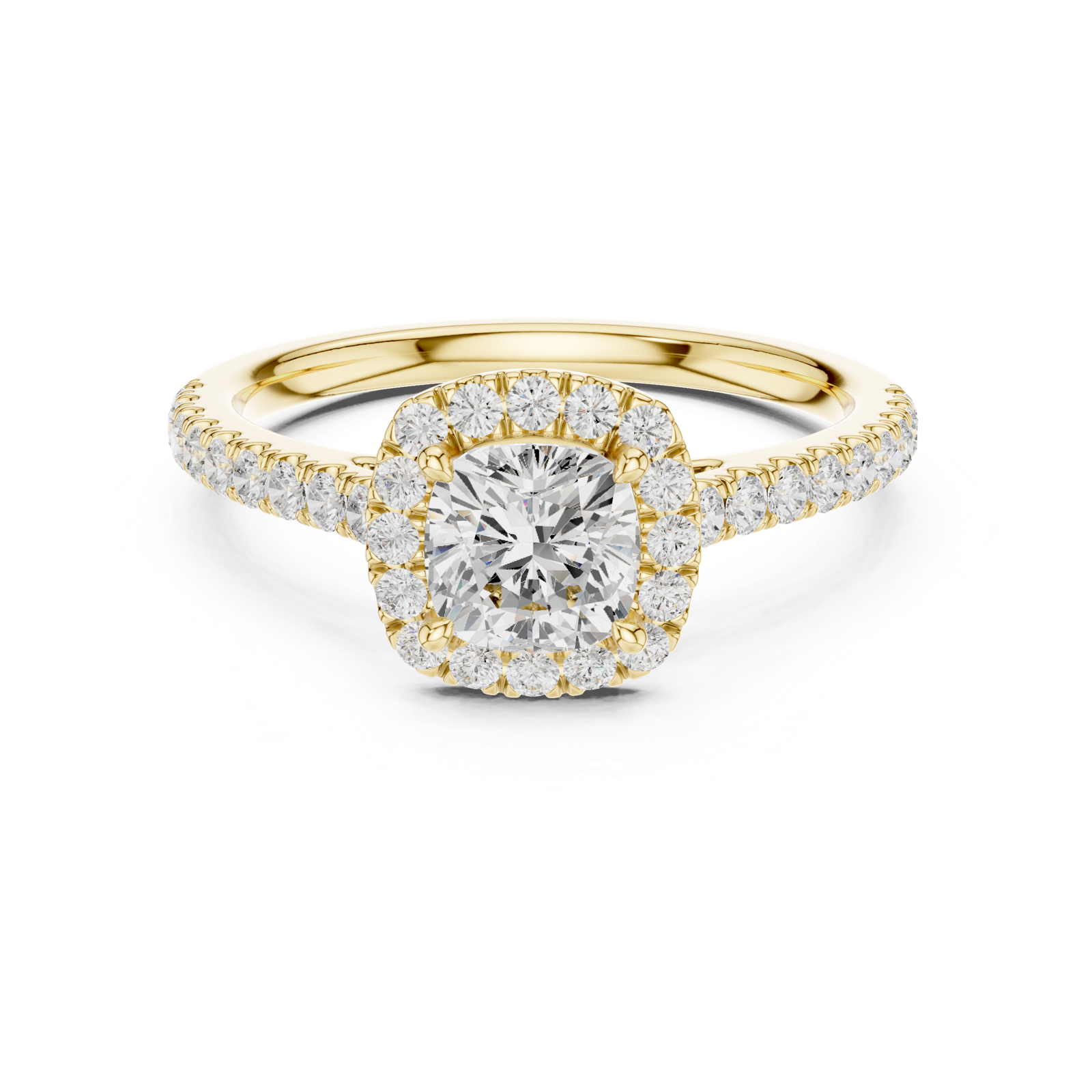 Gold Halo Pave Engagement Ring, Cushion center stone, Yellow Gold, view 4