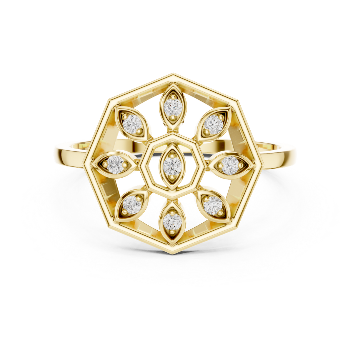 14K Solid Gold Lab Diamond Flower Cluster Ring, Yellow Gold