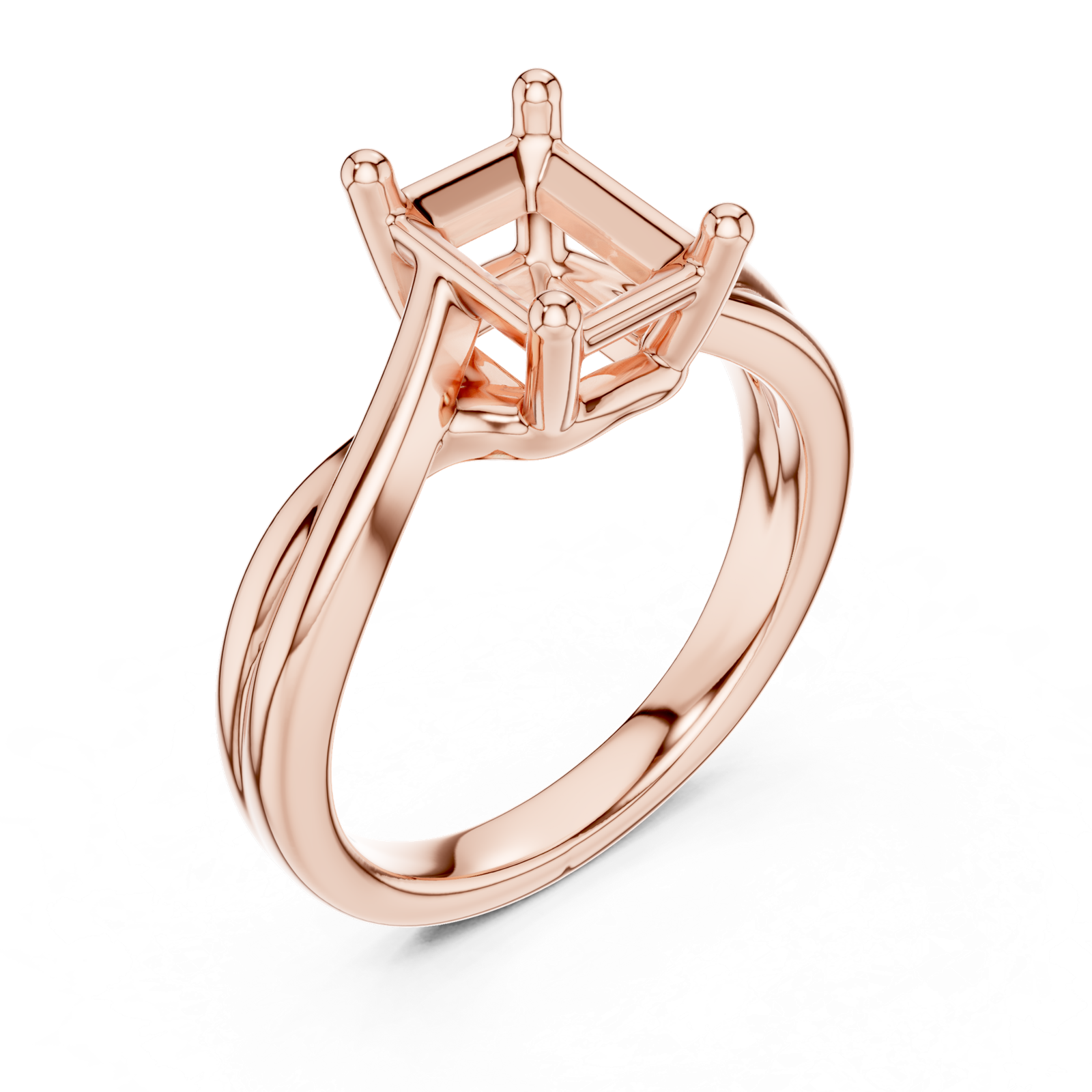 Gold Twisted Band Solitaire Engagement Ring, Radiant center stone, Rose Gold, view 2