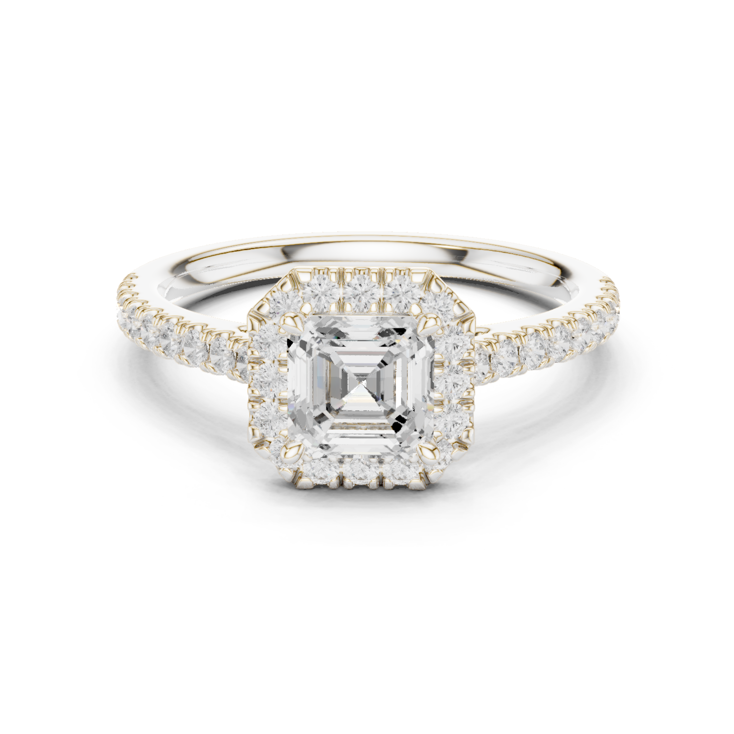 Gold Halo Pave Engagement Ring, Asscher center stone, White Gold