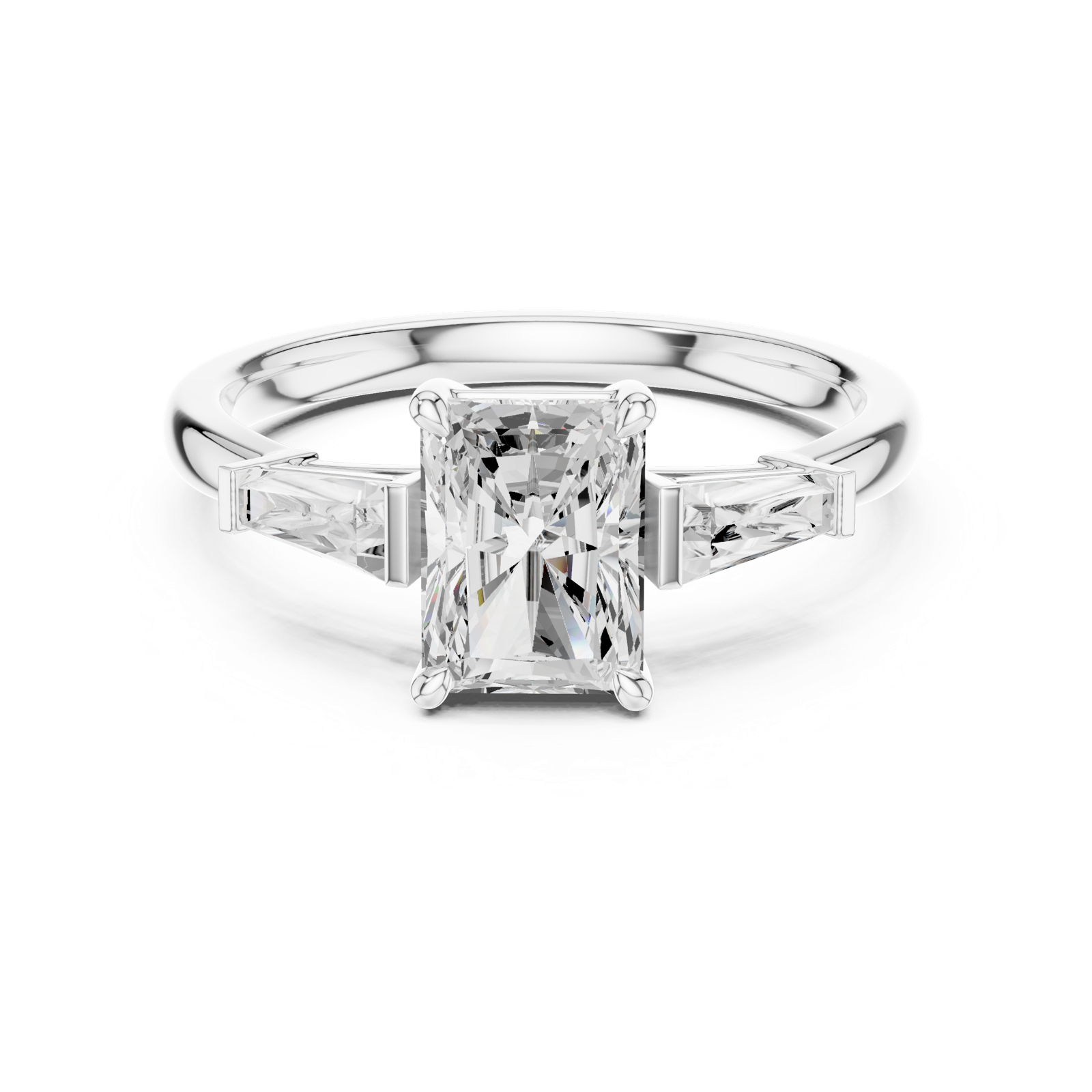 Gold Three-Stone Baguette Engagement Ring, Radiant center stone, White Gold, view 4