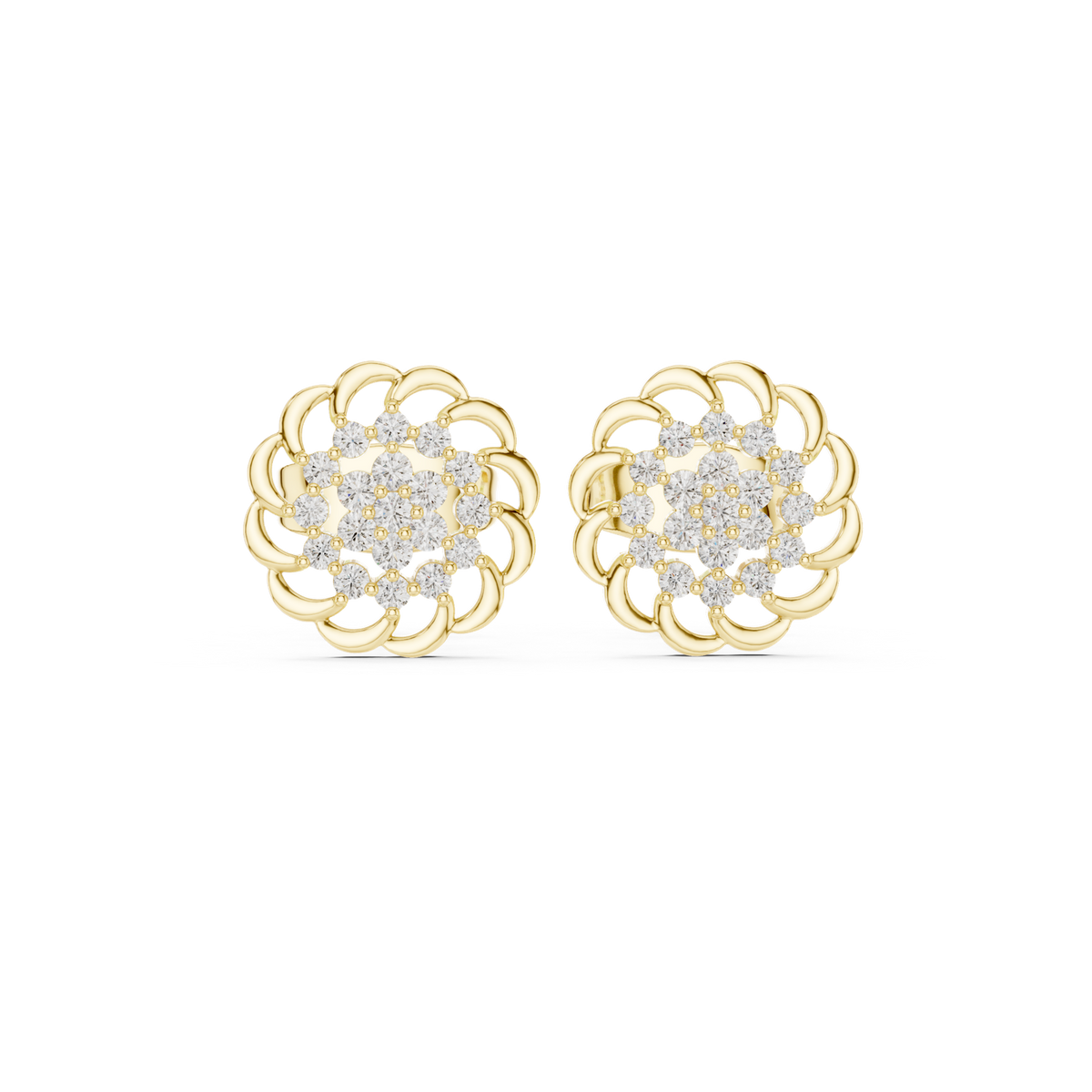 14K Solid Gold Lab Diamond Flower Cluster Earrings, Yellow Gold
