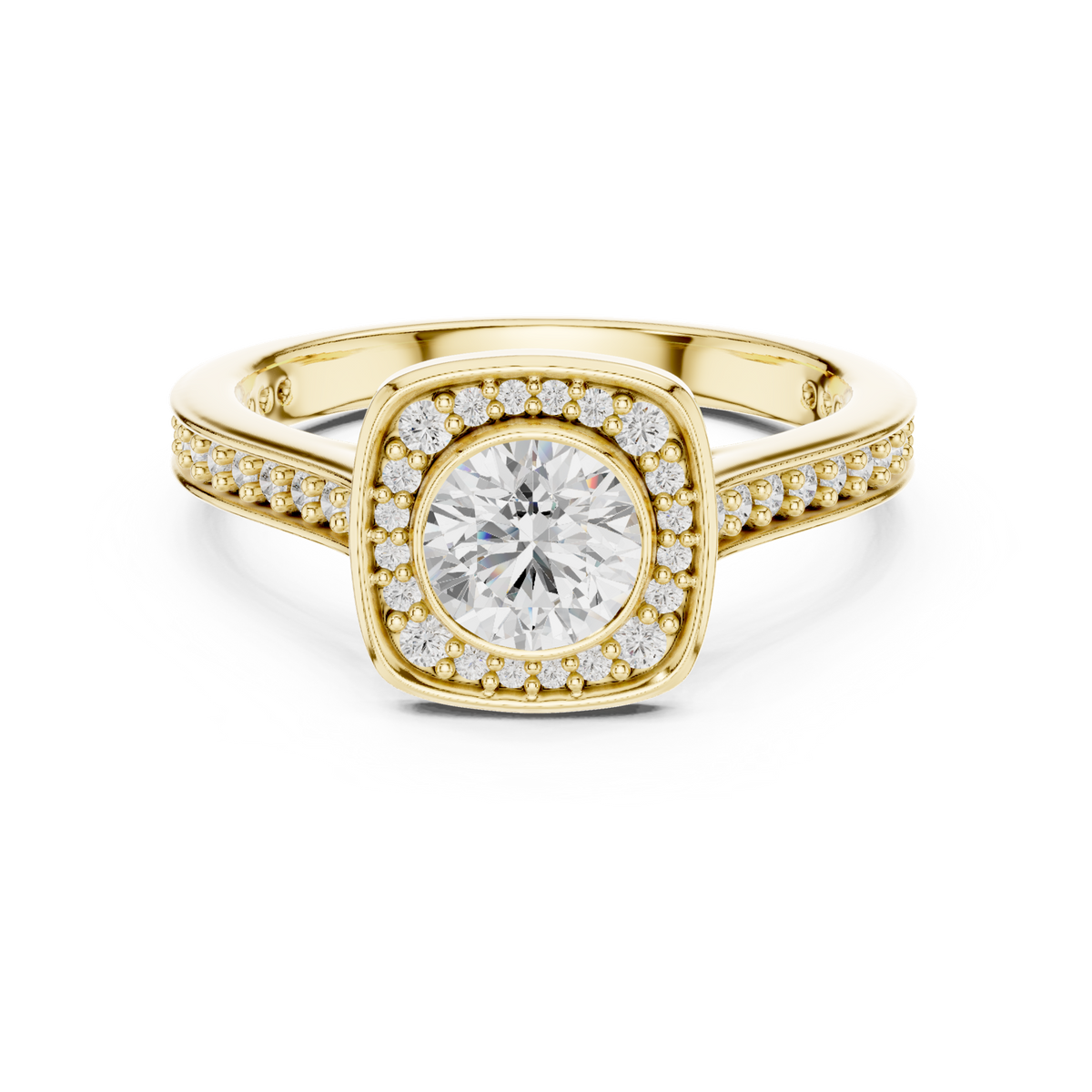 14K Solid Gold Lab Diamond Halo Ring, Yellow Gold