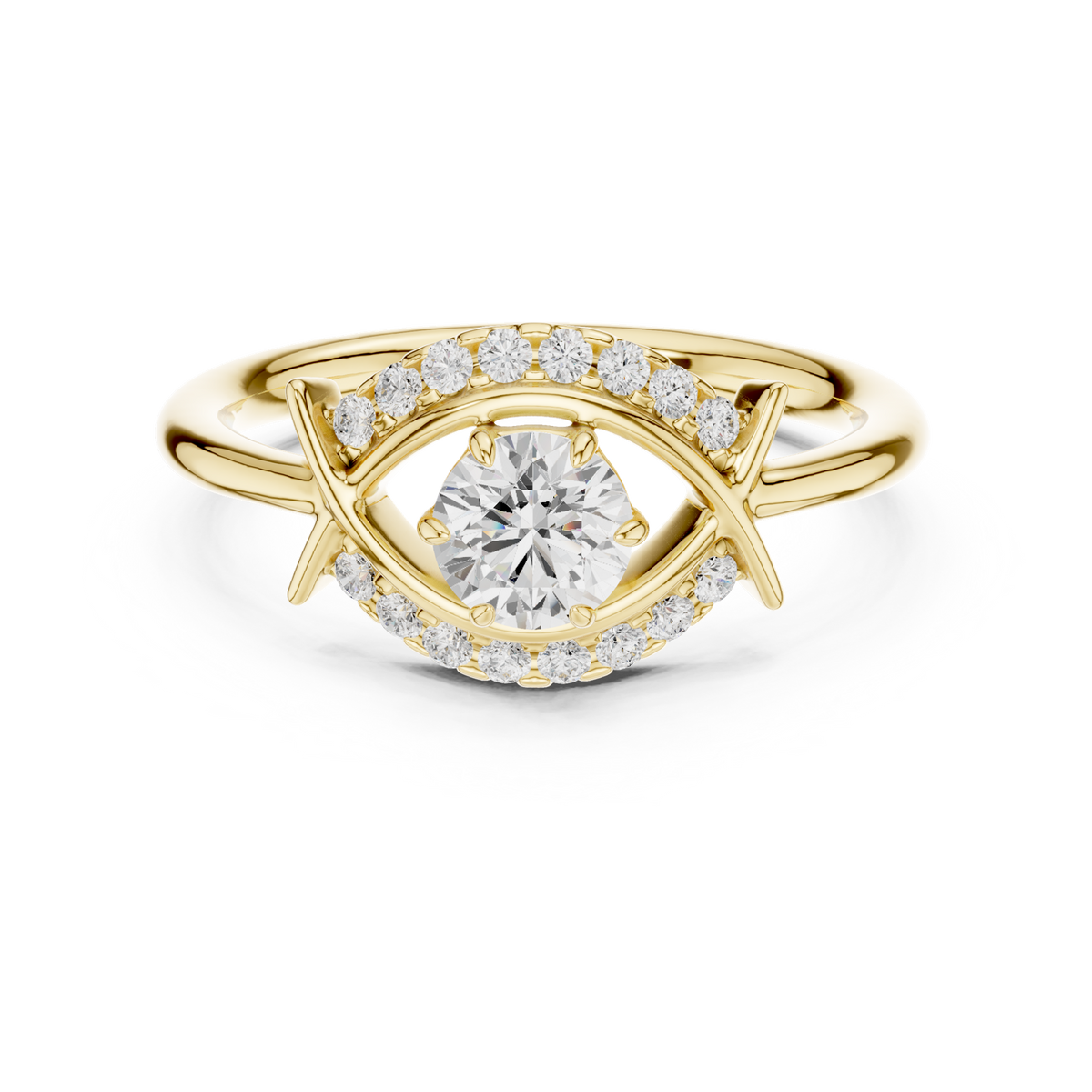 14K Solid Gold Lab Diamond Evil Eye Halo Ring, Yellow Gold