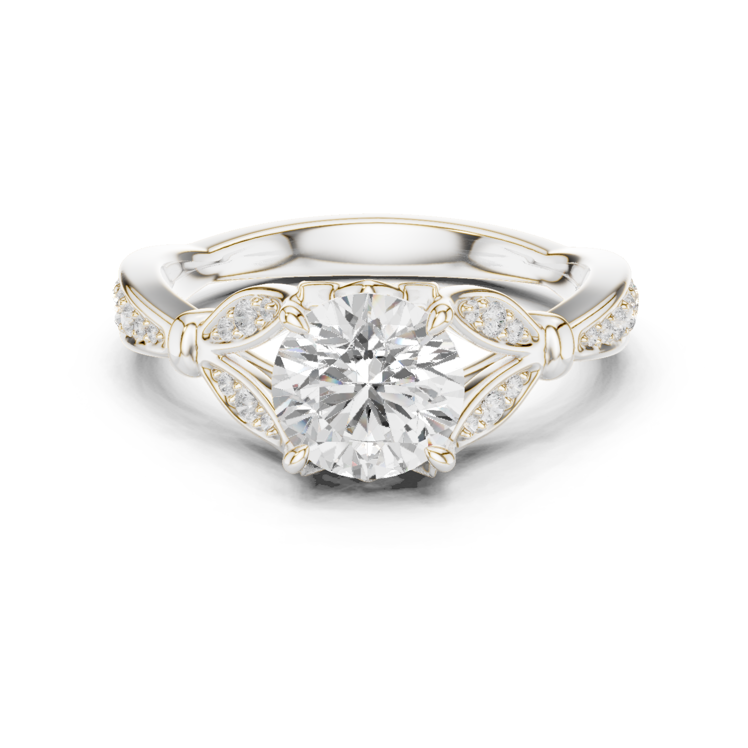 Gold Ring DDLR-257, Round center stone, White Gold