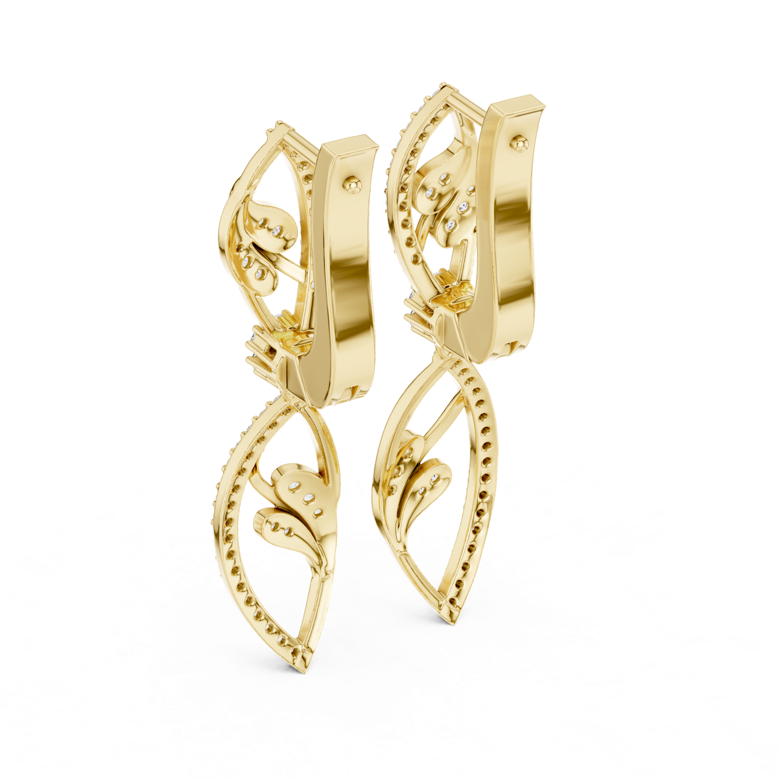 14K Solid Gold Lab Diamond Leaf Drop Earrings, Yellow Gold, view 3