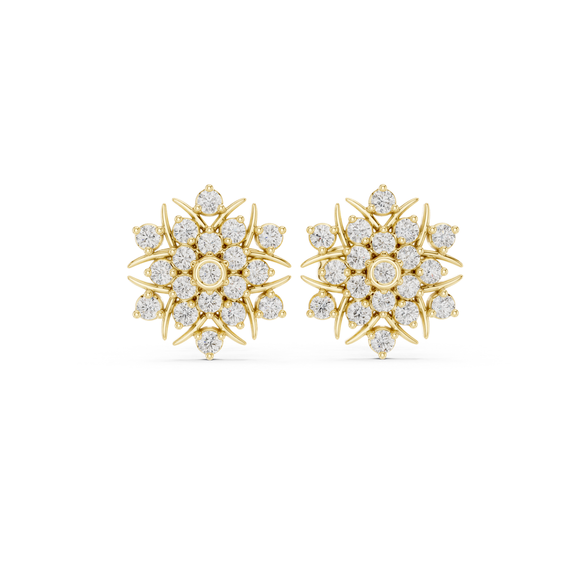 14K Solid Gold Lab Diamond Flower Cluster Earrings, Yellow Gold