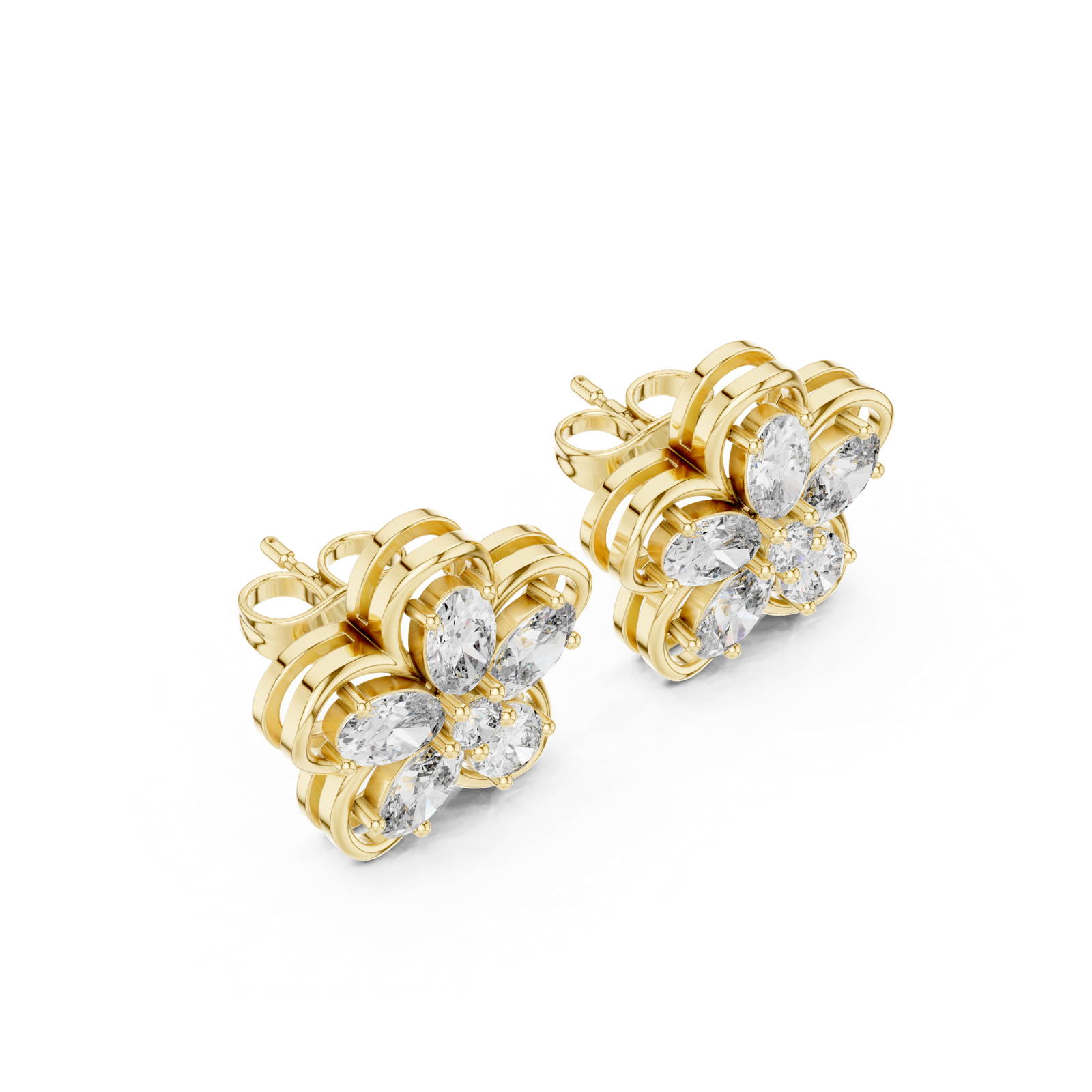 14K Solid Gold Lab Diamond Flower Cluster Earrings, Yellow Gold, view 2