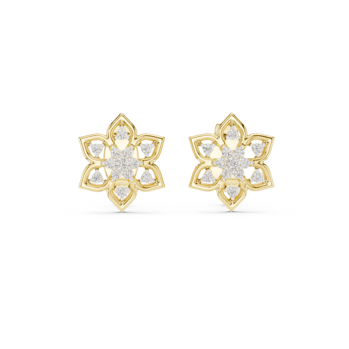 14K Solid Gold Lab Diamond Star Cluster Earrings, Yellow Gold