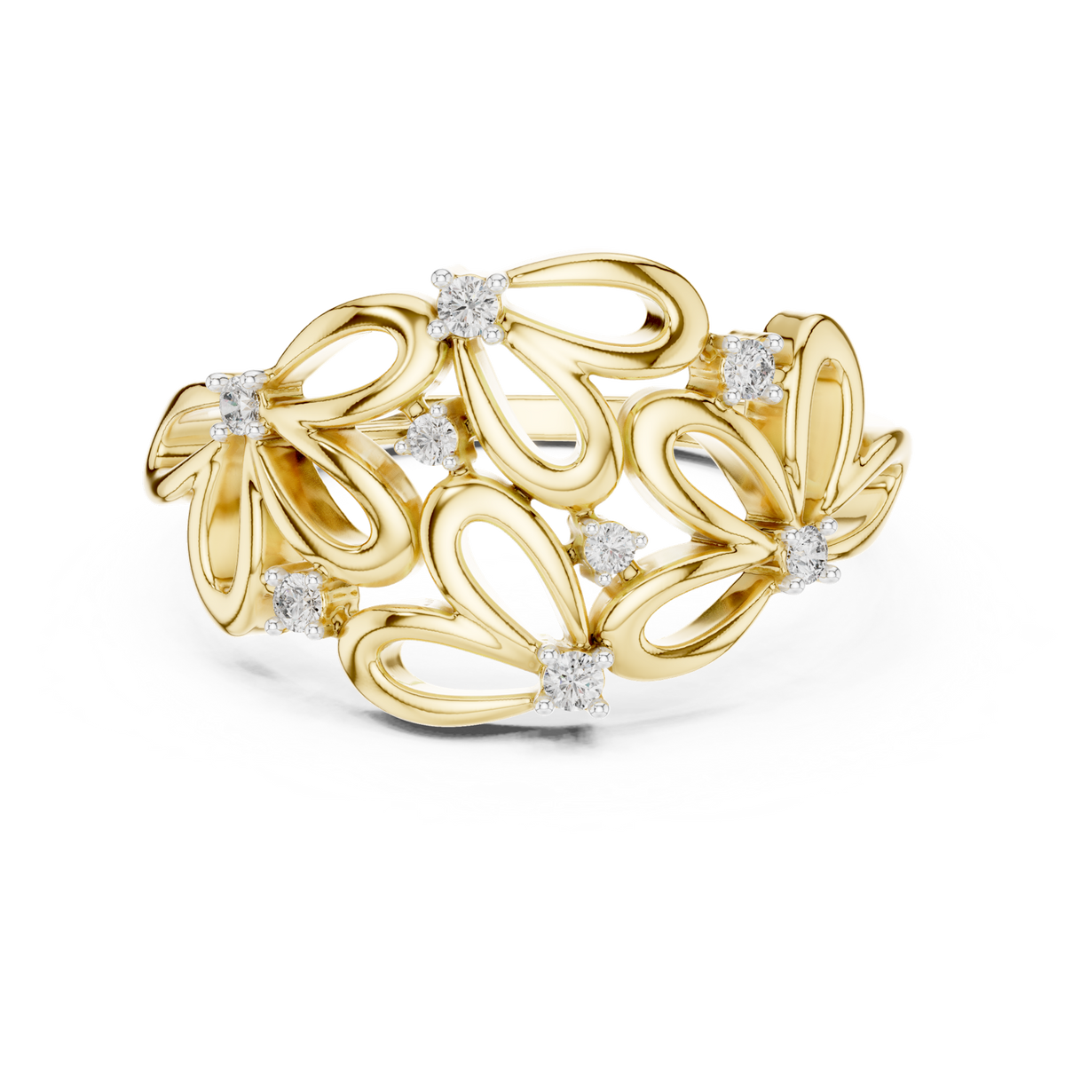 14K Solid Gold Lab Diamond Leaf Cluster Ring, Yellow Gold