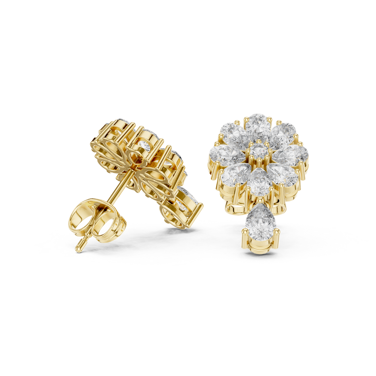 14K Solid Gold Lab Diamond Flower Drop Earrings, Yellow Gold, view 1