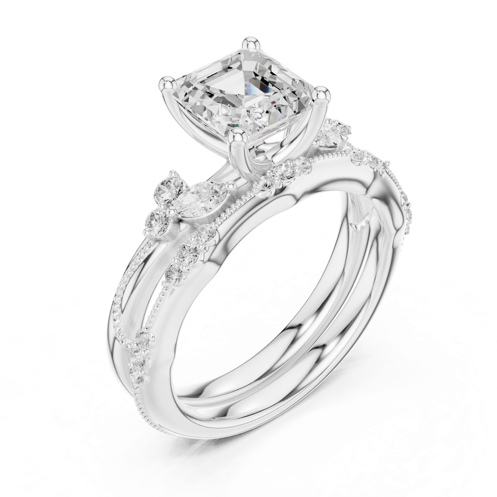 Gold Ring DDLR-299, Asscher center stone, White Gold, view 2
