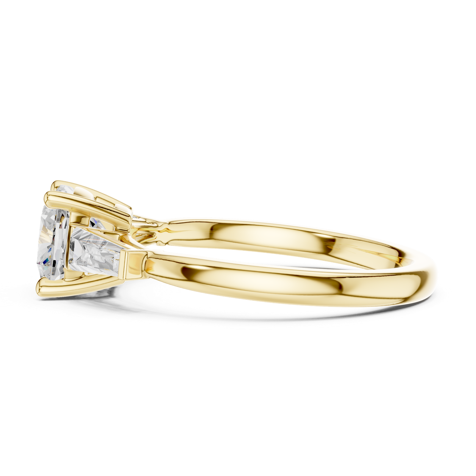 Gold Three-Stone Baguette Engagement Ring, Cushion center stone, Yellow Gold, view 3