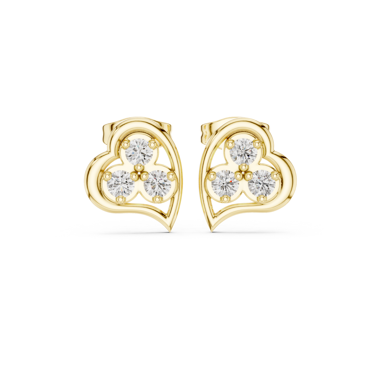 14K Solid Gold Lab Diamond Heart Cluster Earrings, Yellow Gold