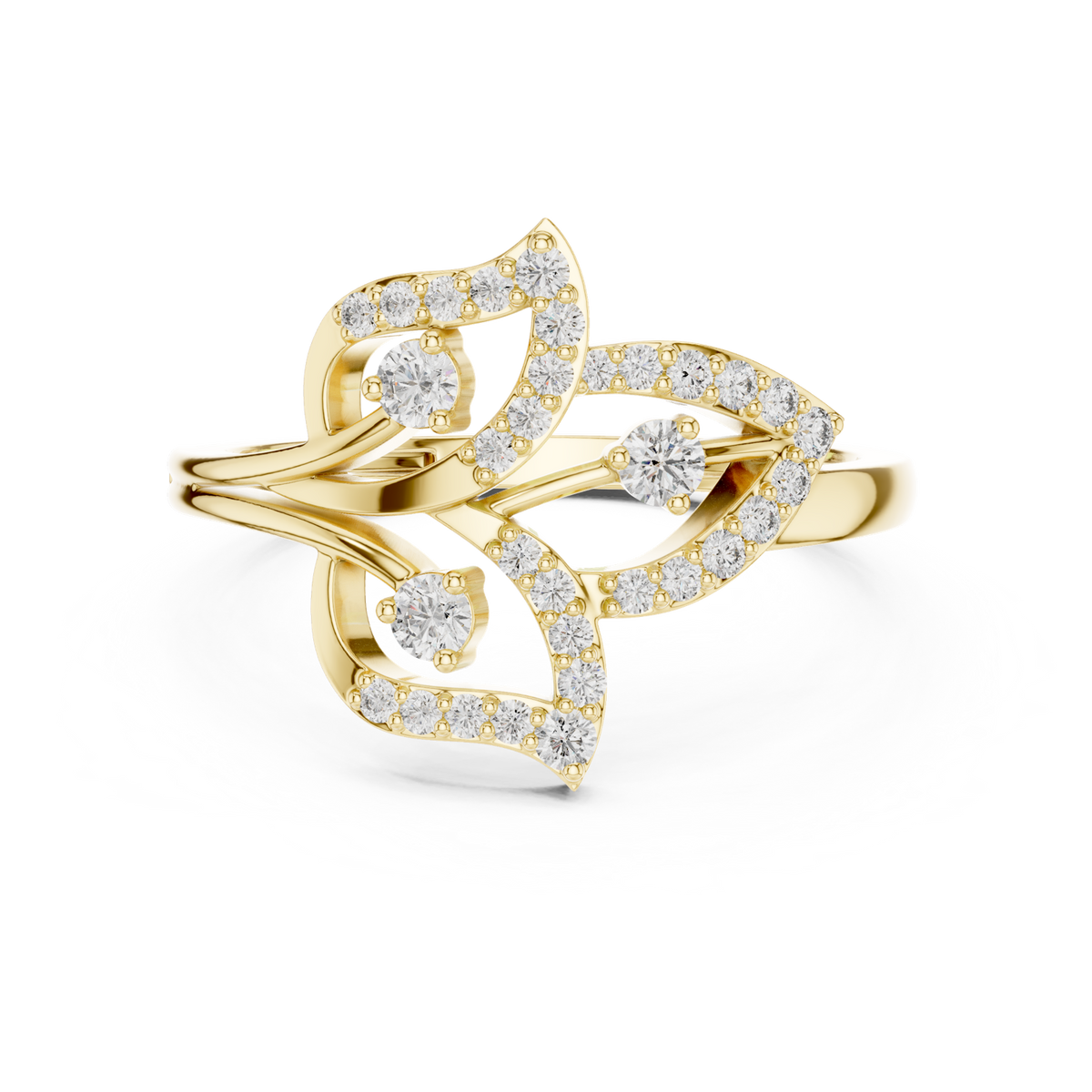 14K Solid Gold Lab Diamond Leaf Cluster Ring, Yellow Gold