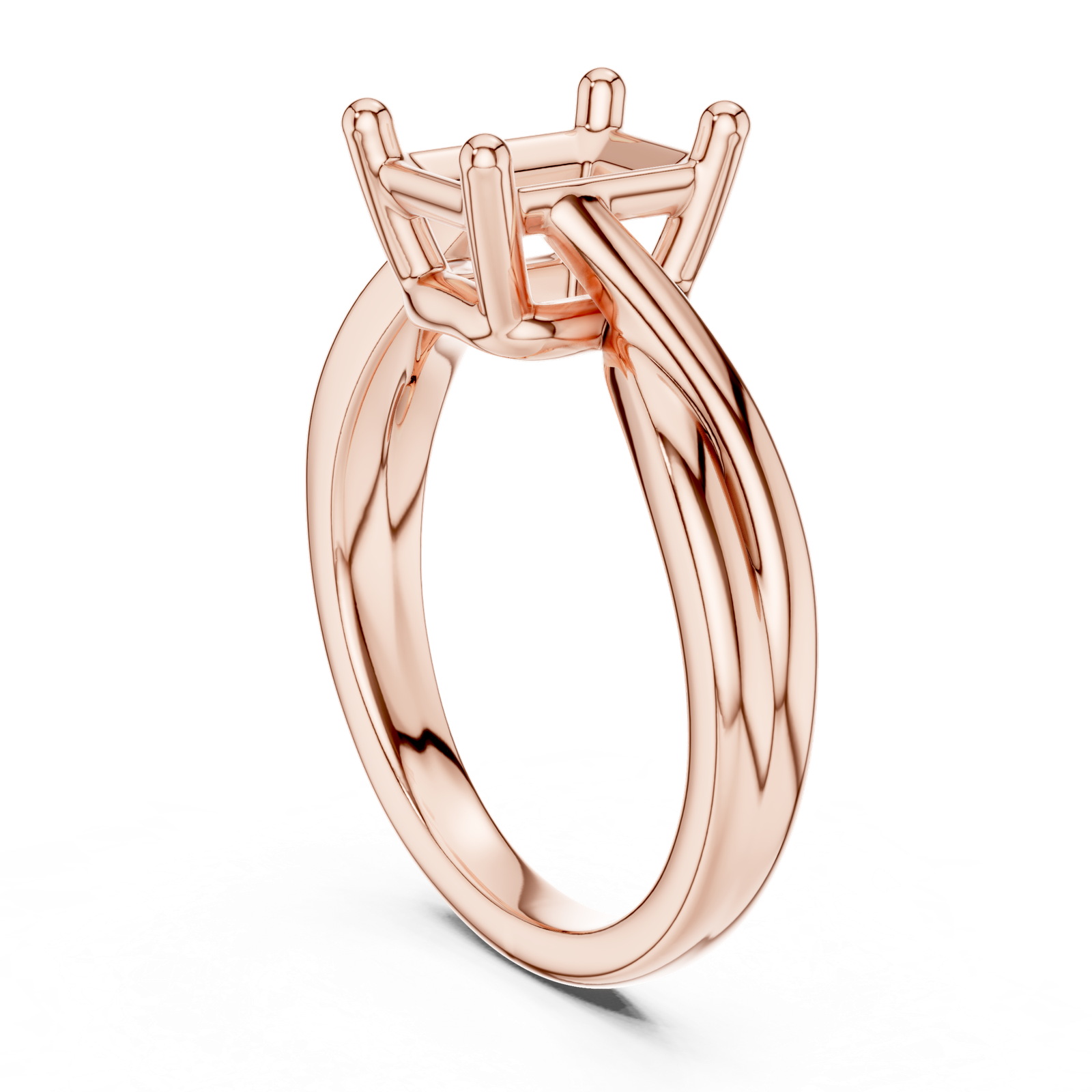 Gold Twisted Band Solitaire Engagement Ring, Radiant center stone, Rose Gold, view 1