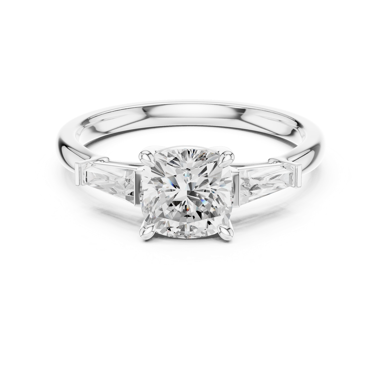 Gold Three-Stone Baguette Engagement Ring, Cushion center stone, White Gold, view 4