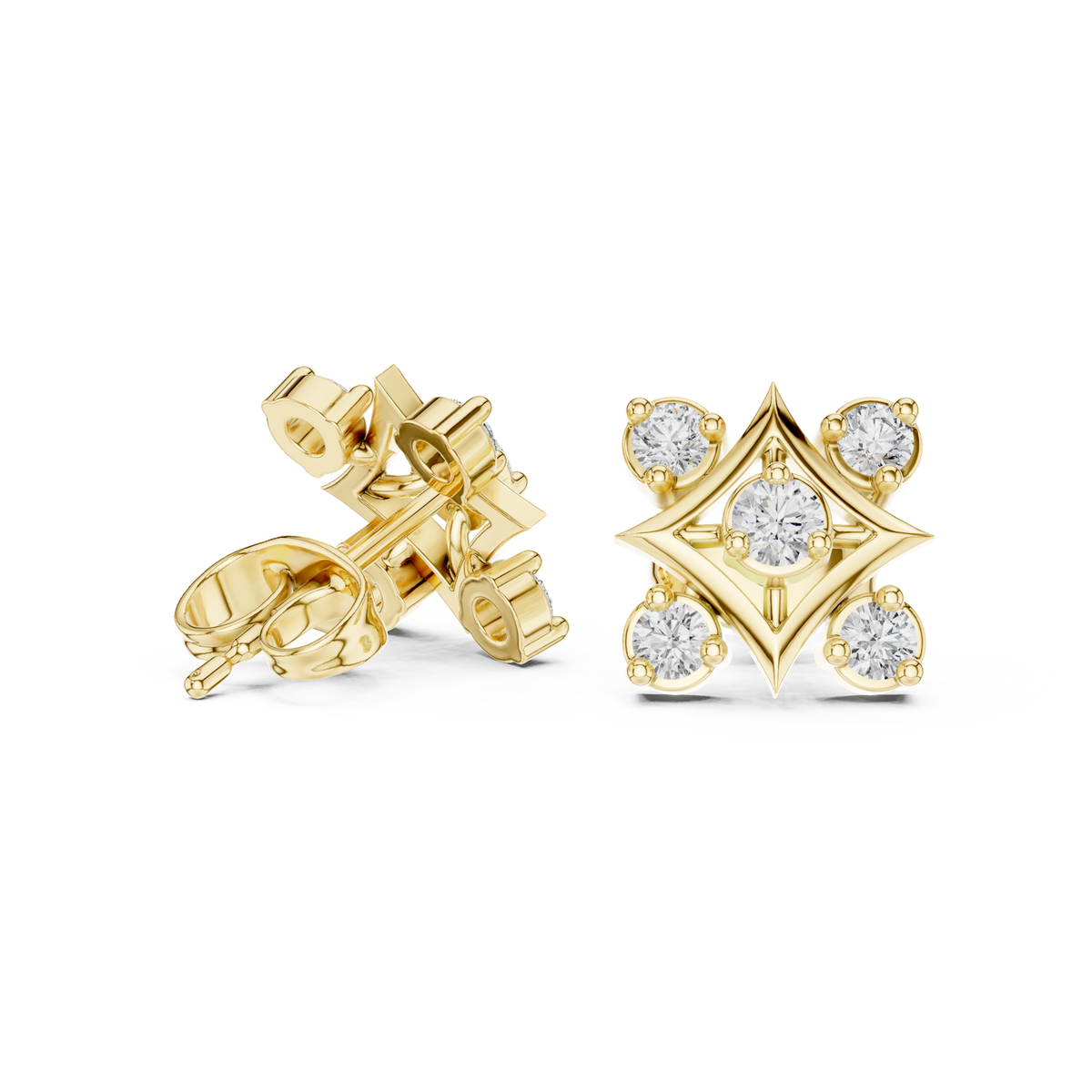 14K Solid Gold Lab Diamond Flower Cluster Earrings, Yellow Gold, view 1