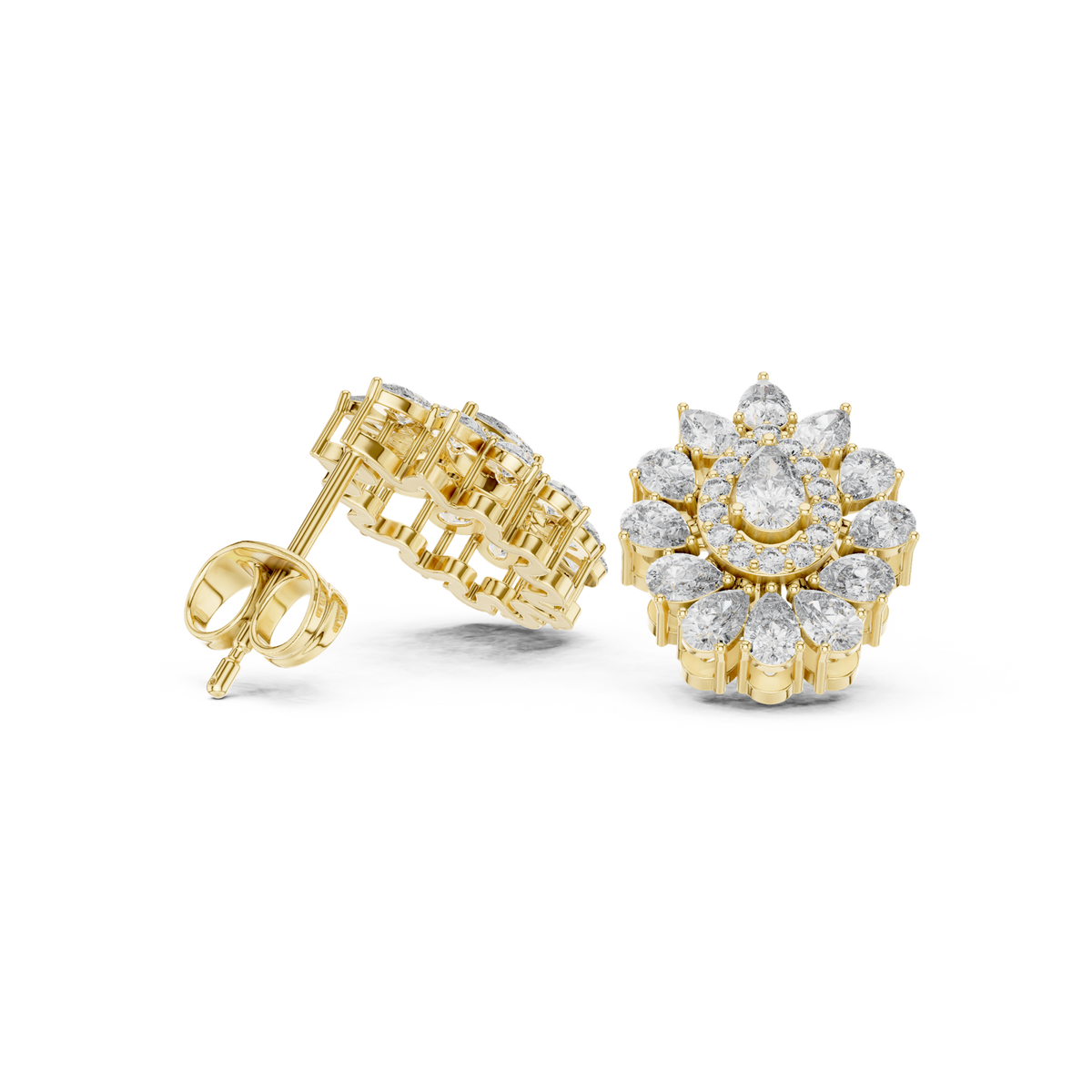 14K Solid Gold Lab Diamond Flower Cluster Earrings, Yellow Gold, view 1