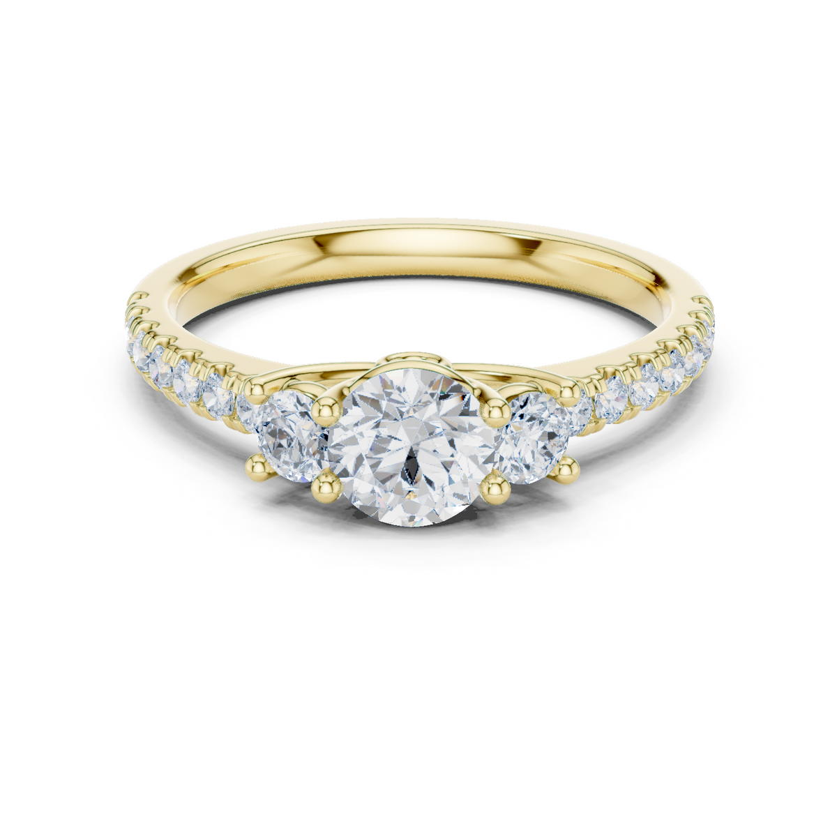 14K Solid Gold Lab Diamond Three-Stone Ring, Yellow Gold