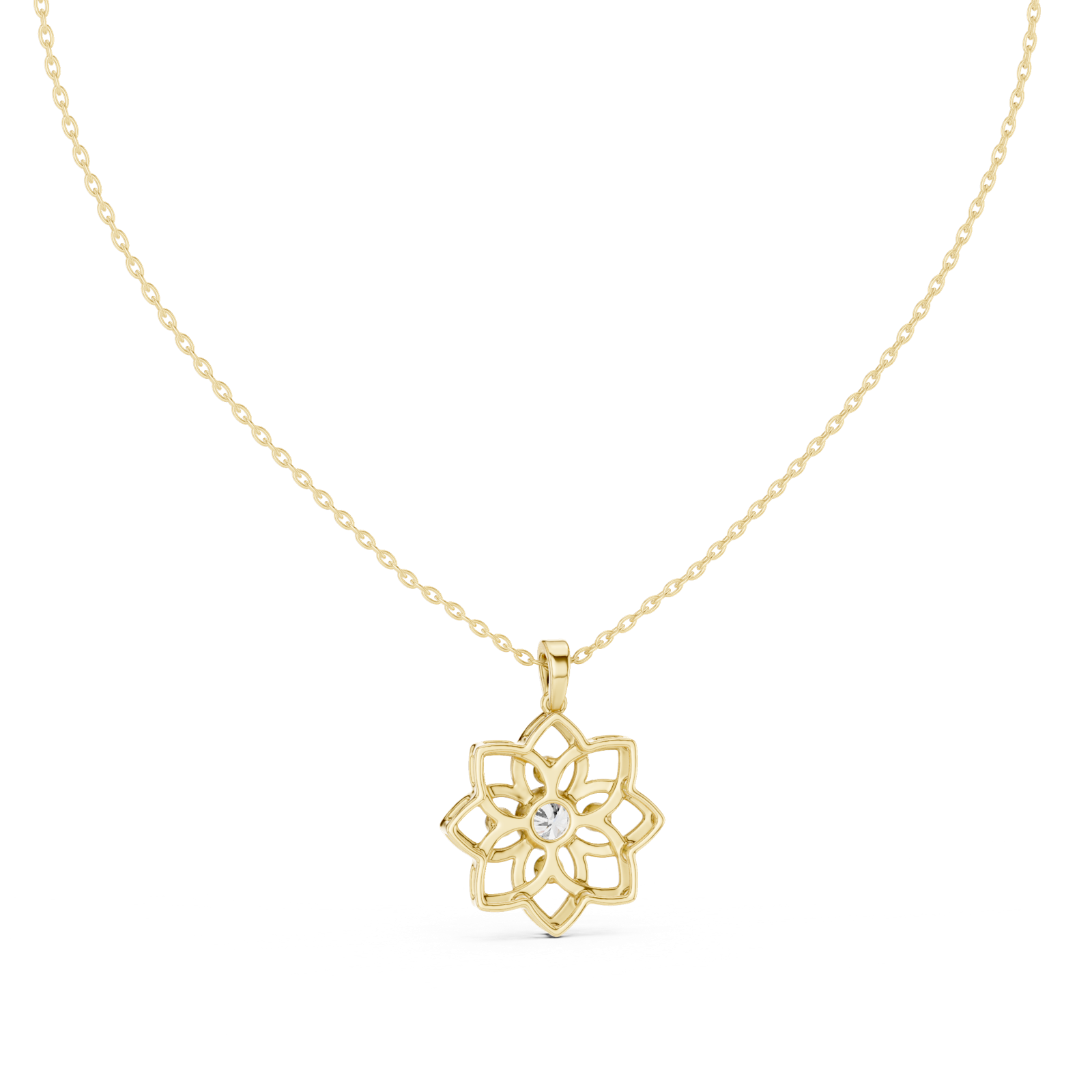 14K Solid Gold Lab Diamond Flower Pendant Necklace, Yellow Gold