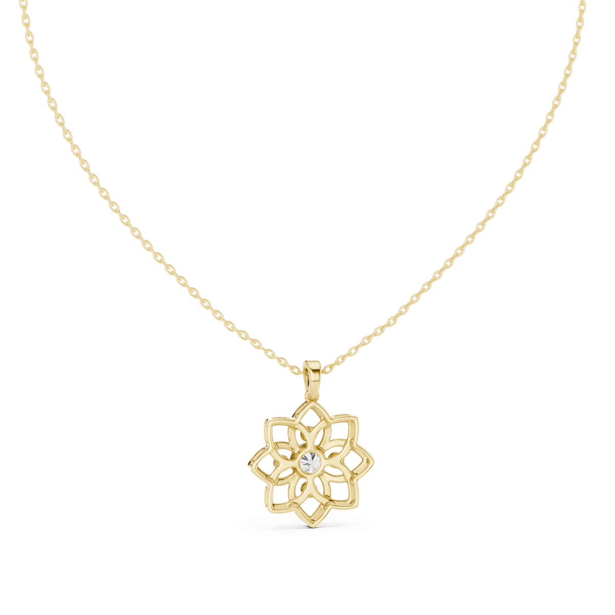 14K Solid Gold Lab Diamond Flower Pendant Necklace, Yellow Gold
