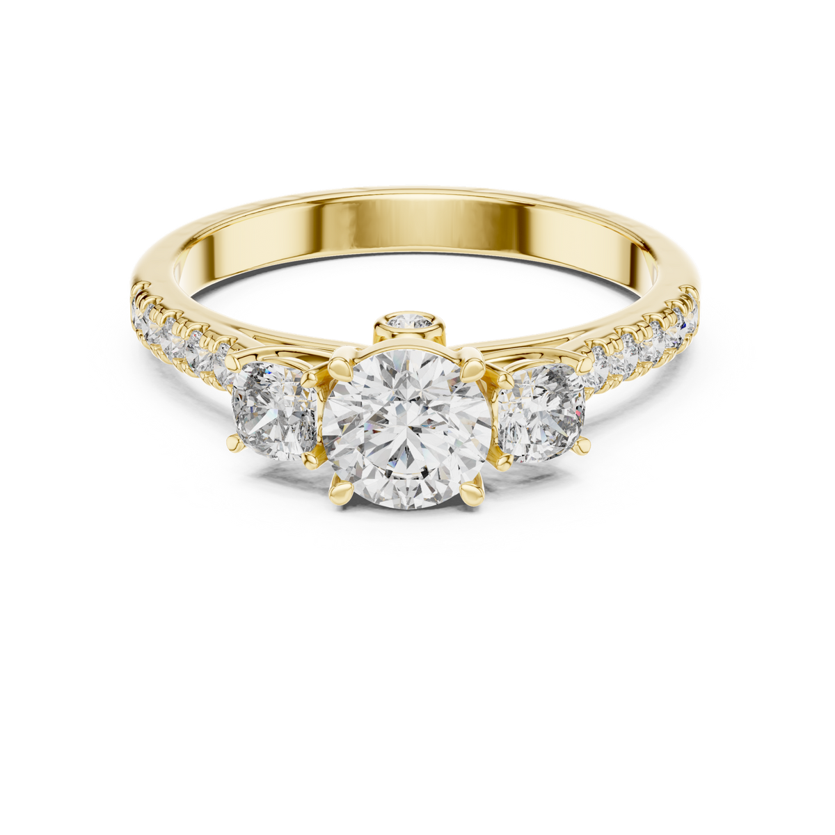 14K Solid Gold Lab Diamond Three-Stone Ring, Yellow Gold
