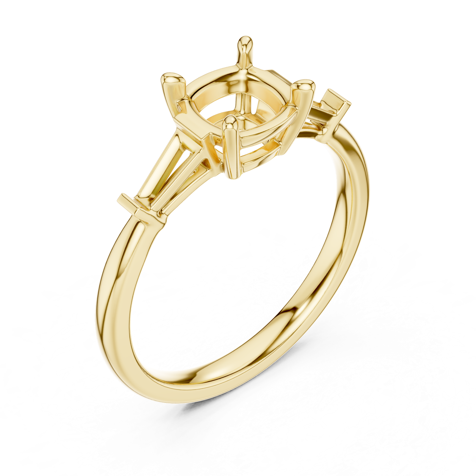 Gold Three-Stone Baguette Engagement Ring, Cushion center stone, Yellow Gold, view 2