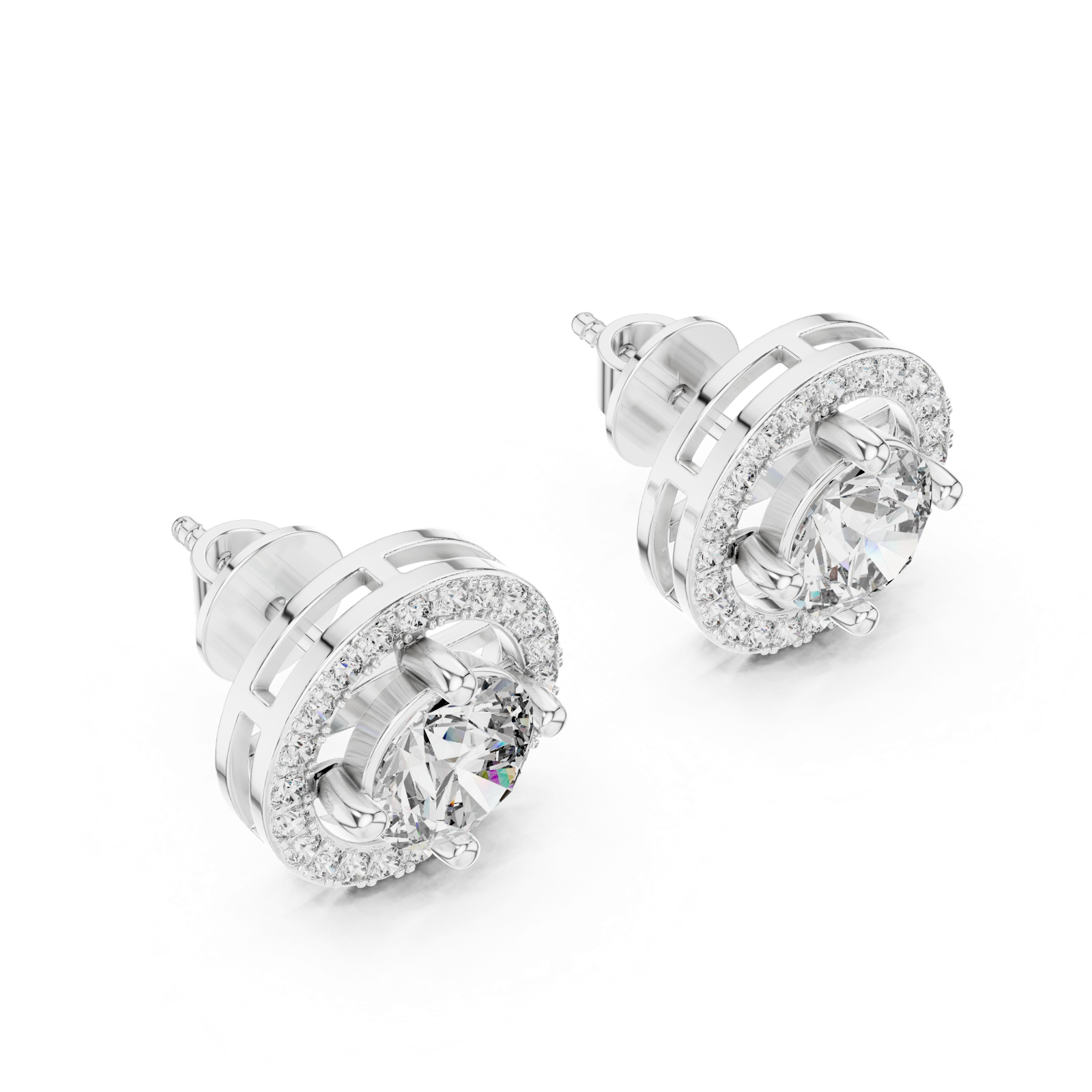 14K Solid Gold Lab Diamond Halo Earrings, White Gold, view 2
