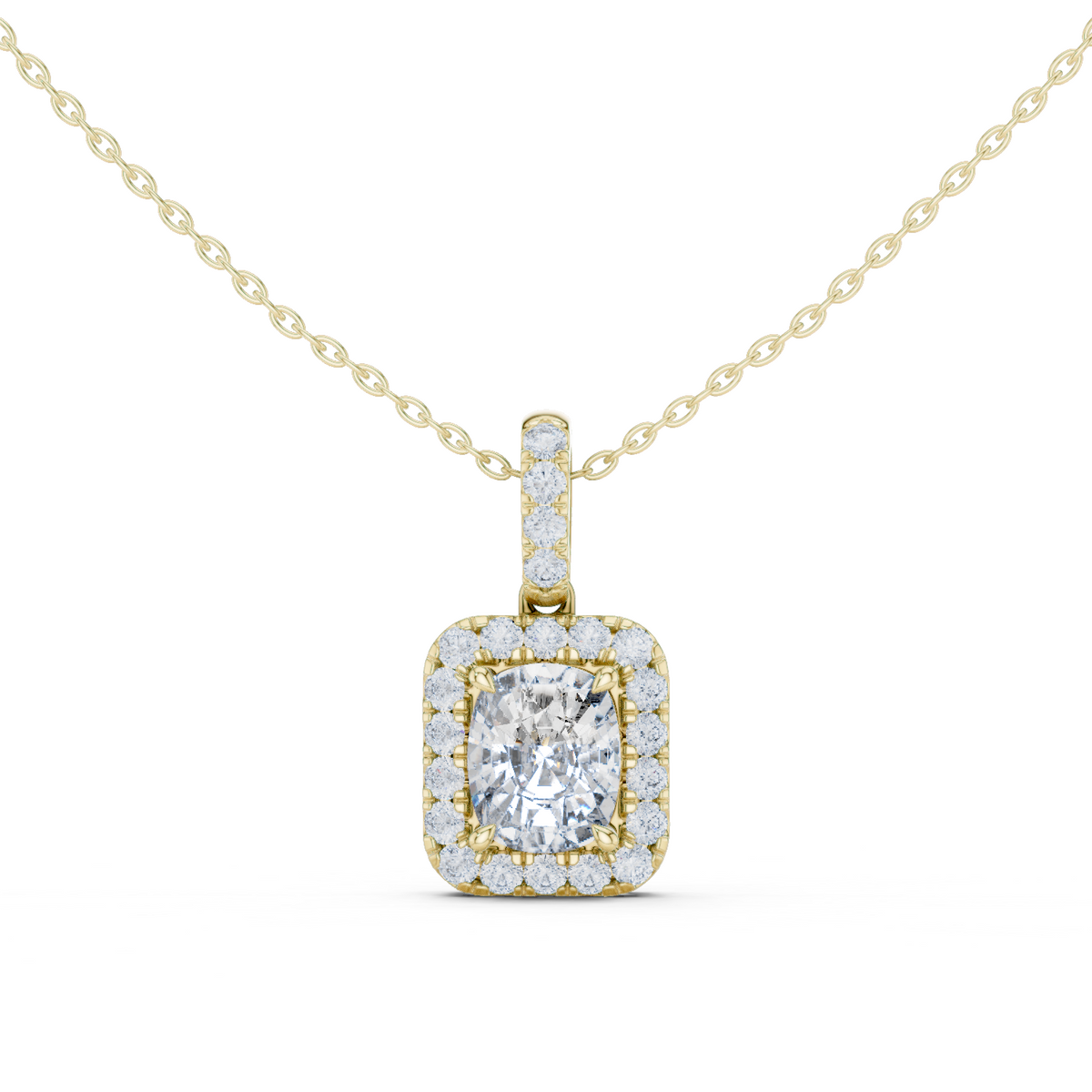 14K Solid Gold Lab Diamond Halo Pendant Necklace, Yellow Gold