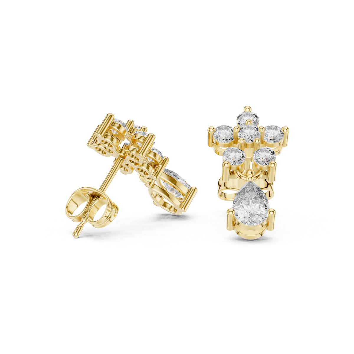 14K Solid Gold Lab Diamond Flower Drop Earrings, Yellow Gold, view 1