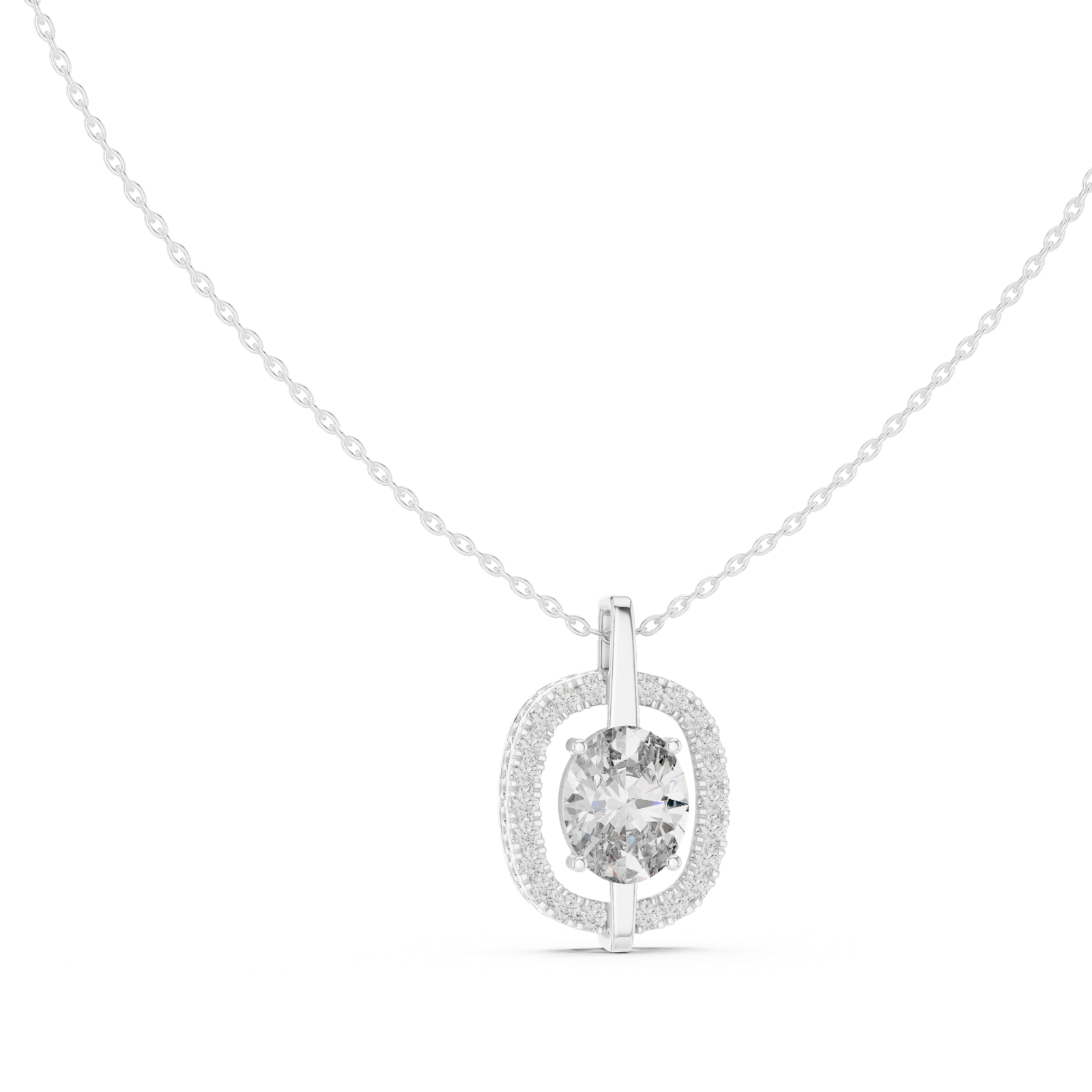 14K Solid Gold Lab Diamond Halo Pendant Necklace, White Gold, view 1
