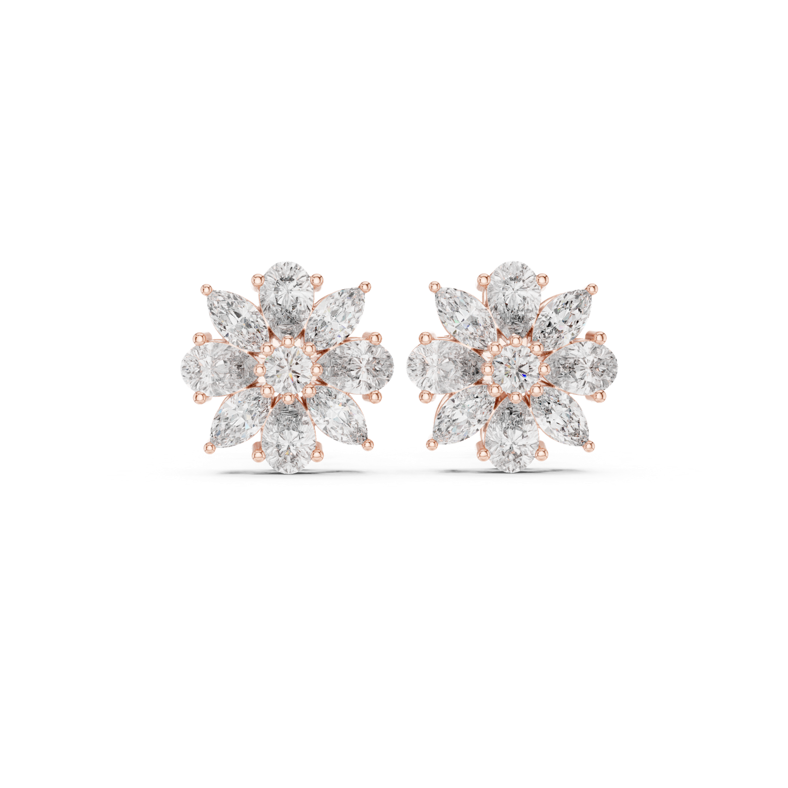 14K Solid Gold Lab Diamond Flower Cluster Earrings, Rose Gold