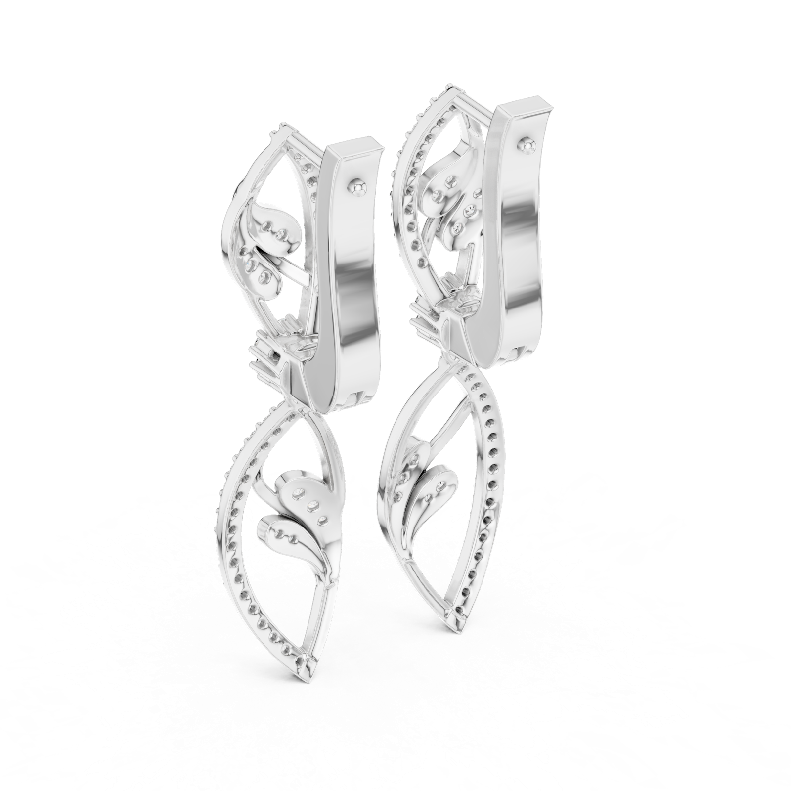 14K Solid Gold Lab Diamond Leaf Drop Earrings, White Gold, view 3