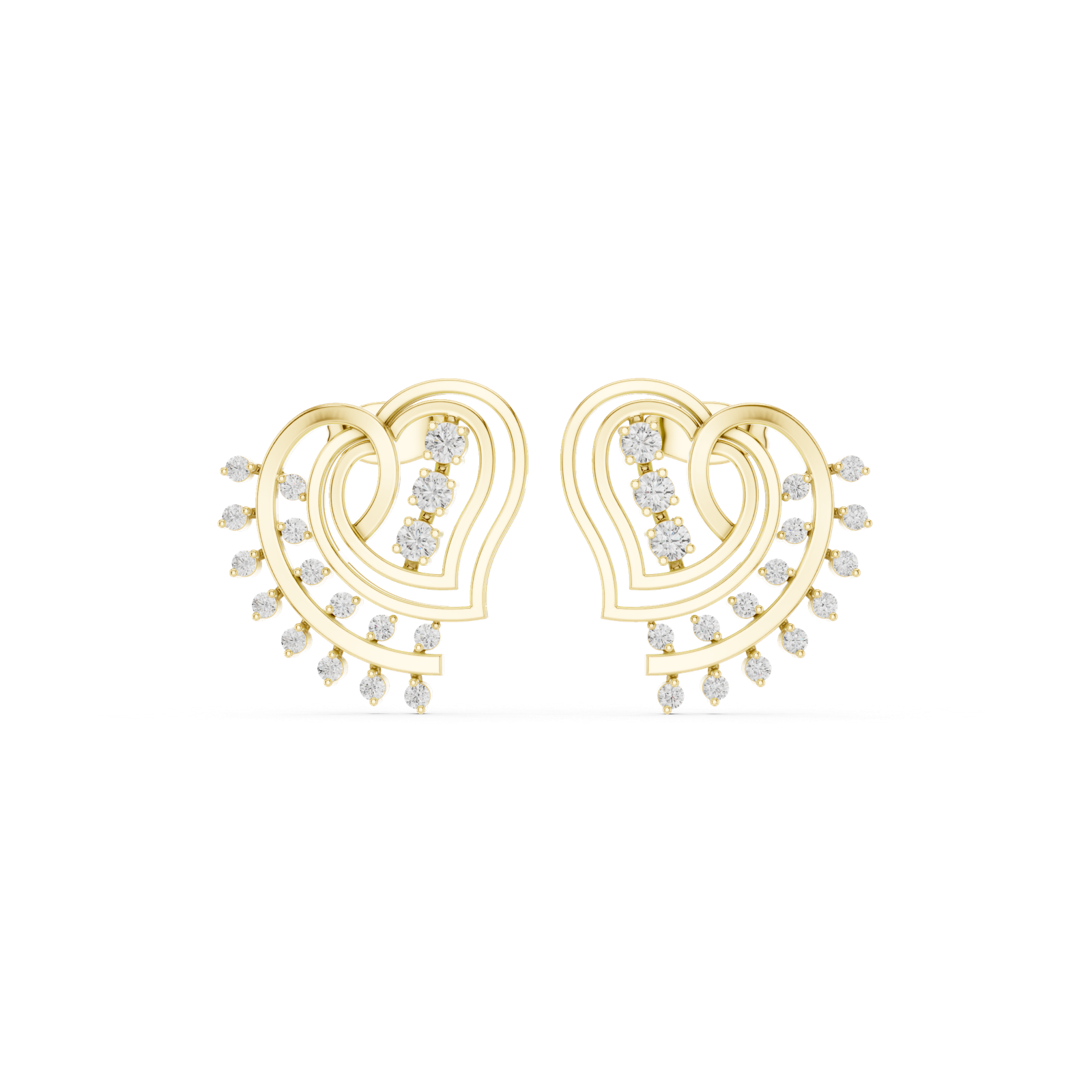 14K Solid Gold Lab Diamond Heart Cluster Earrings, Yellow Gold