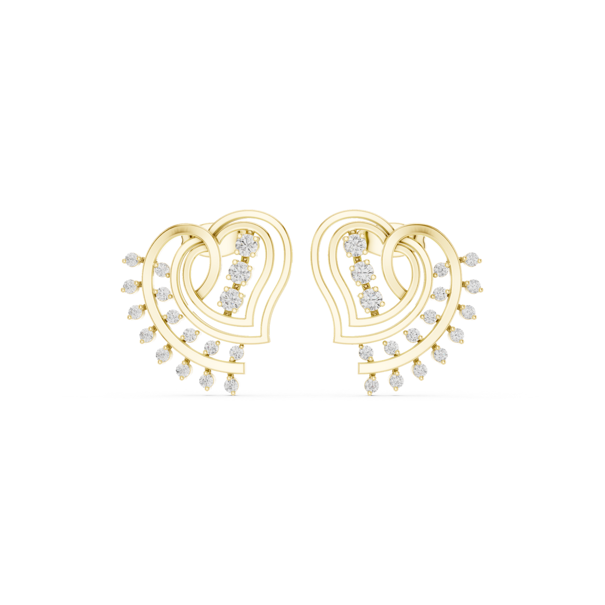 14K Solid Gold Lab Diamond Heart Cluster Earrings, Yellow Gold