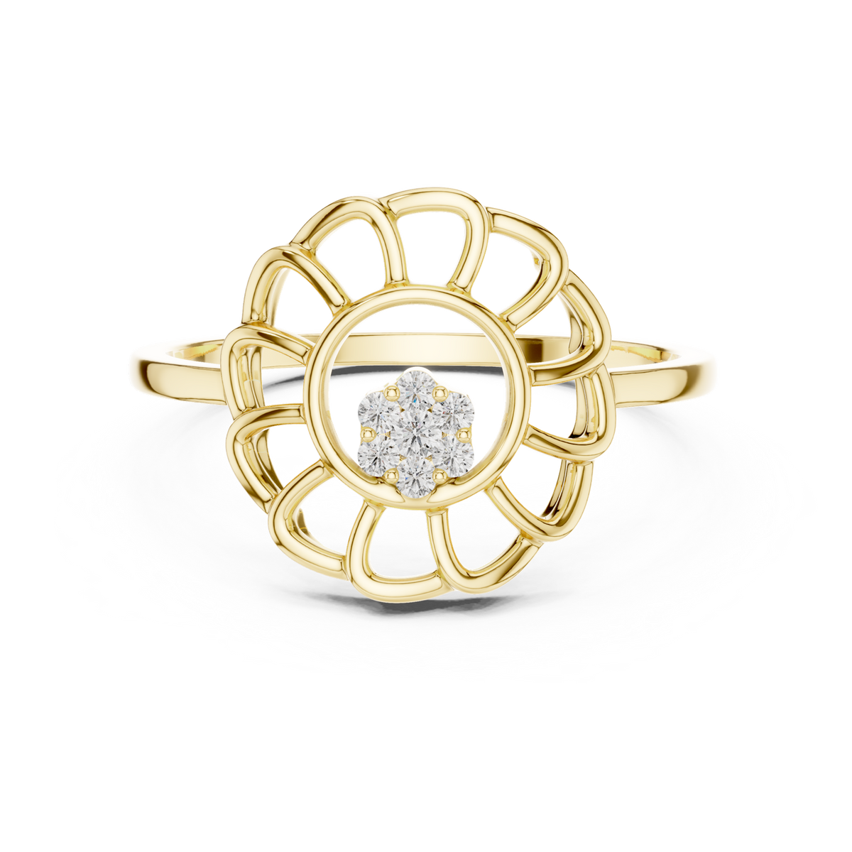 14K Solid Gold Lab Diamond Flower Cluster Ring, Yellow Gold