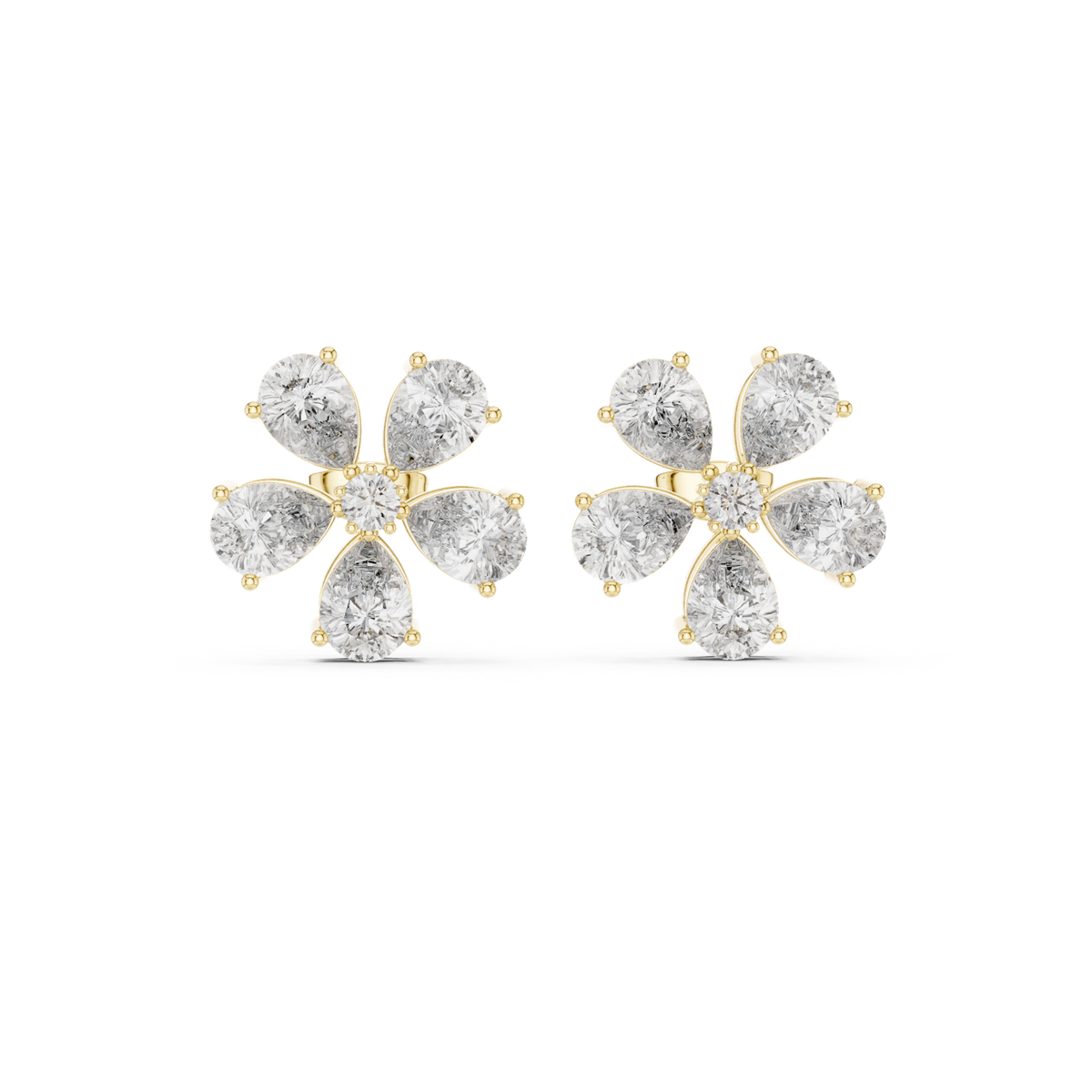 14K Solid Gold Lab Diamond Flower Cluster Earrings, Yellow Gold