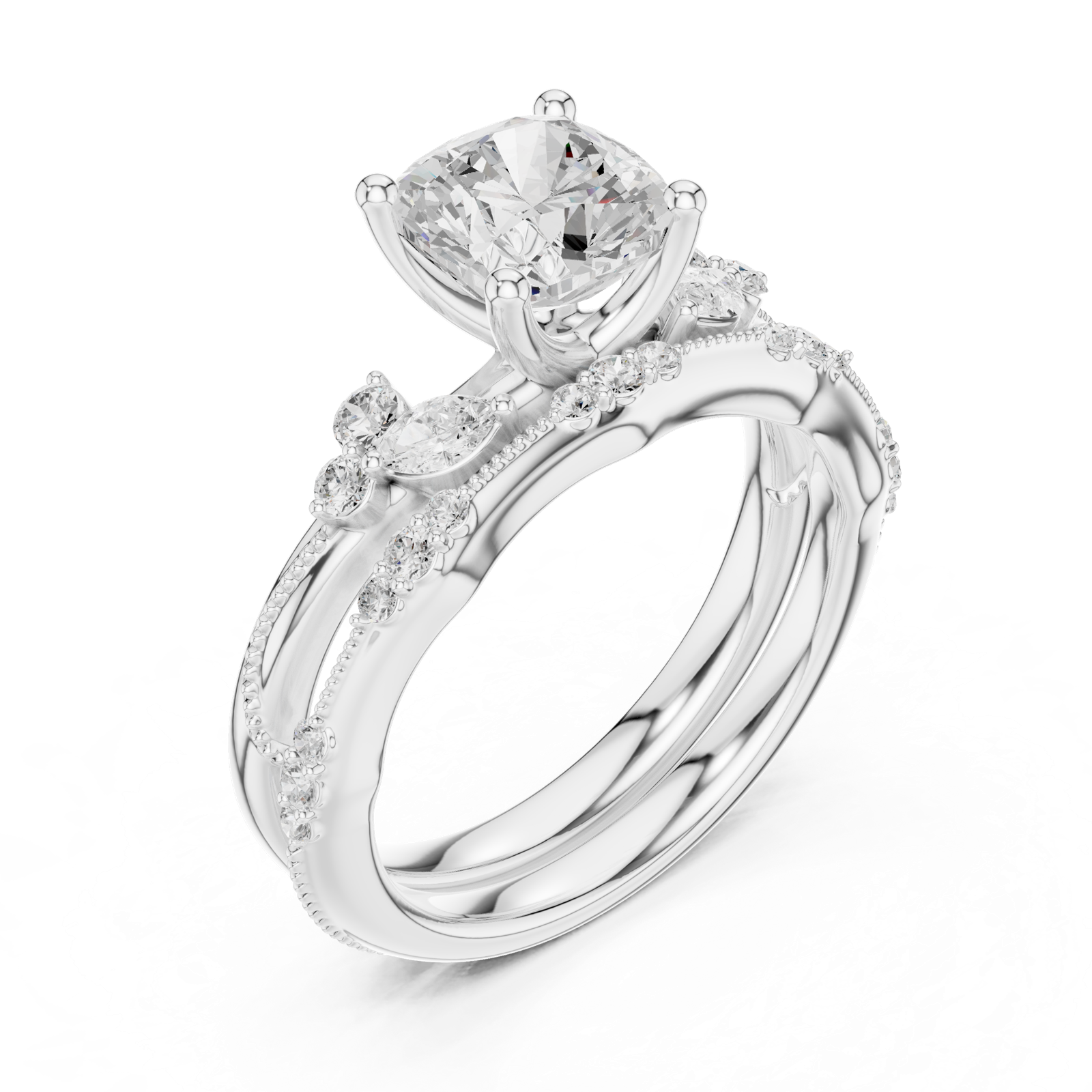 Gold Ring DDLR-299, Cushion center stone, White Gold, view 2