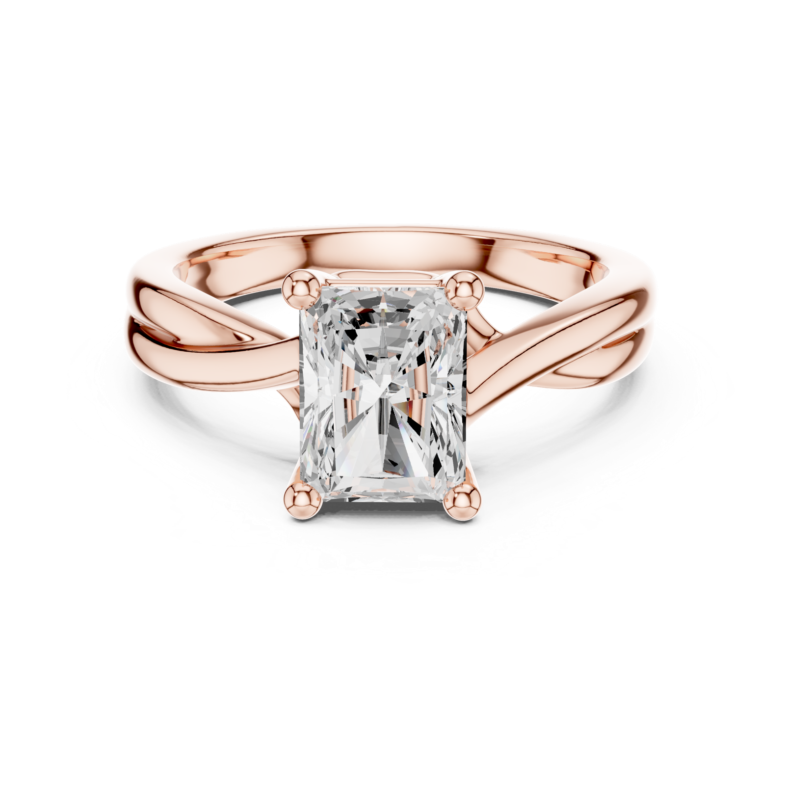 Gold Twisted Band Solitaire Engagement Ring, Radiant center stone, Rose Gold, view 4