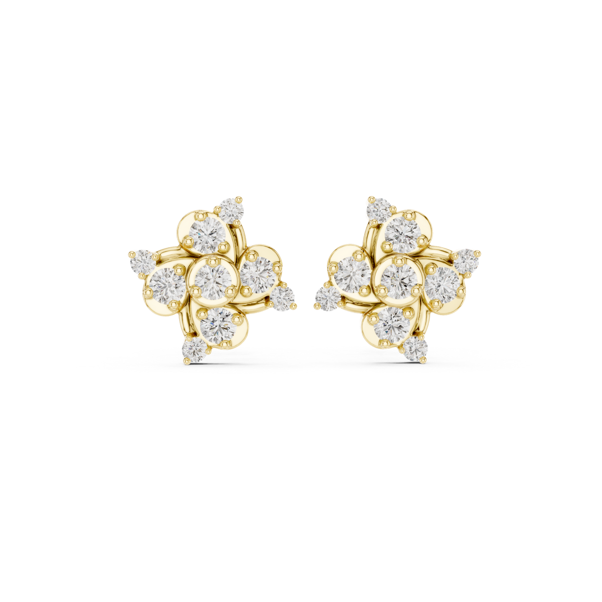 14K Solid Gold Lab Diamond Flower Cluster Earrings, Yellow Gold