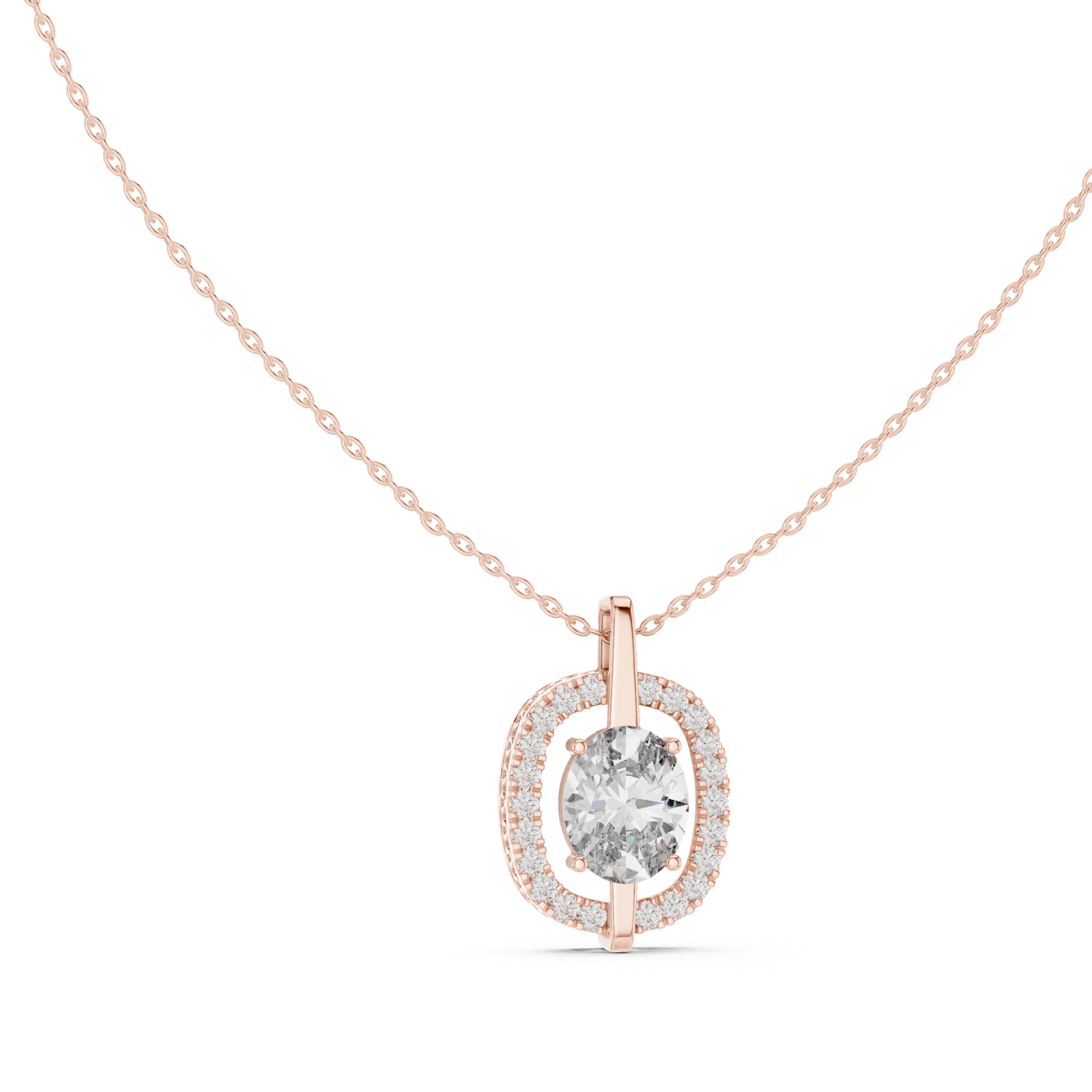 14K Solid Gold Lab Diamond Halo Pendant Necklace, Rose Gold, view 1