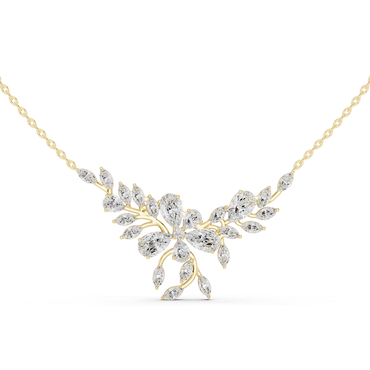 14K Solid Gold Lab Diamond Leaf Pendant Necklace, Yellow Gold