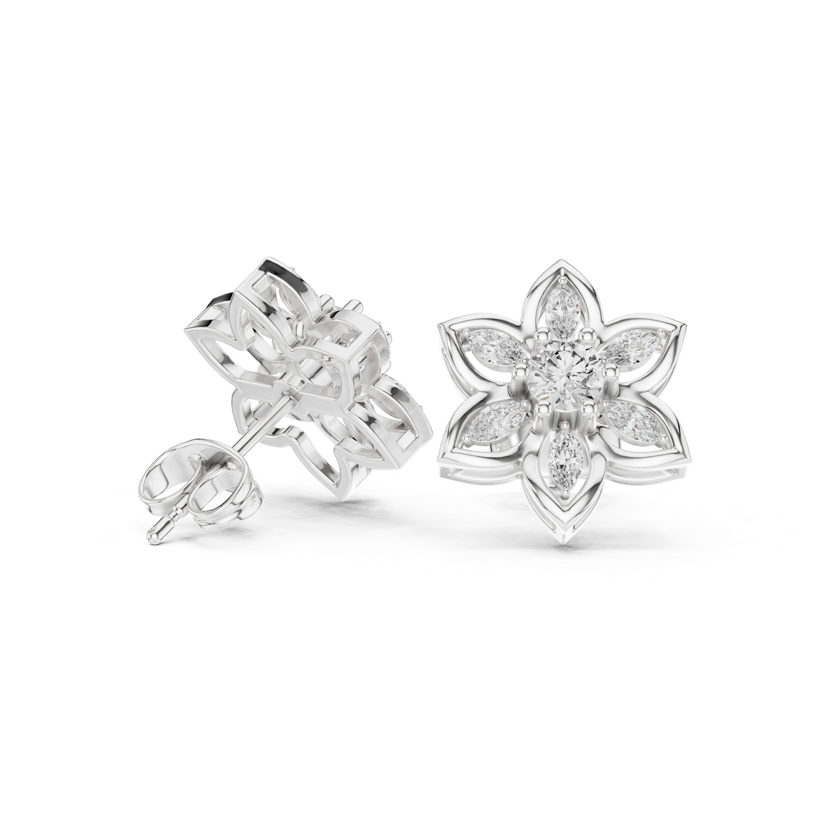 14K Solid Gold Lab Diamond Flower Cluster Earrings, White Gold, view 1