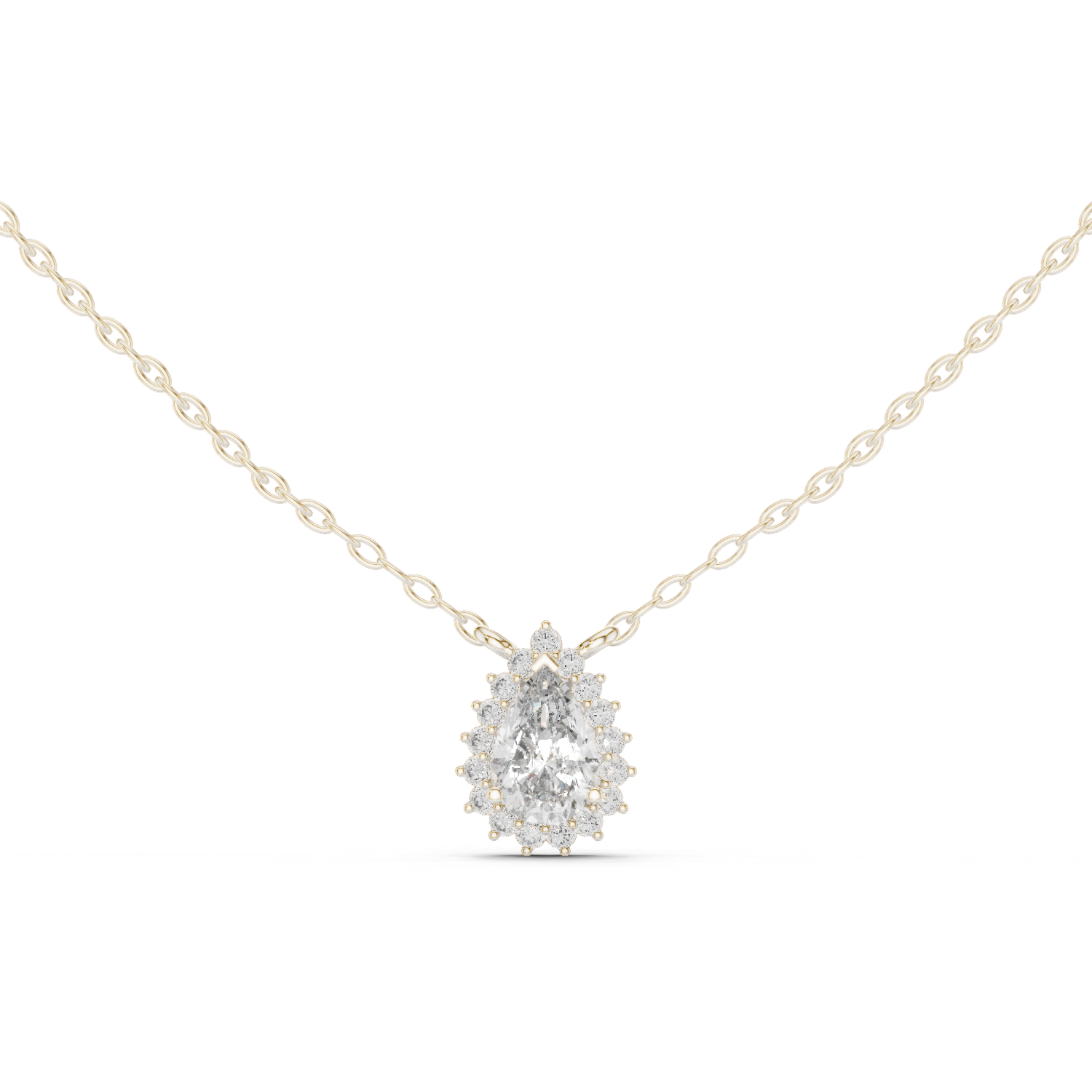 14K Solid Gold Lab Diamond Halo Pendant Necklace, White Gold