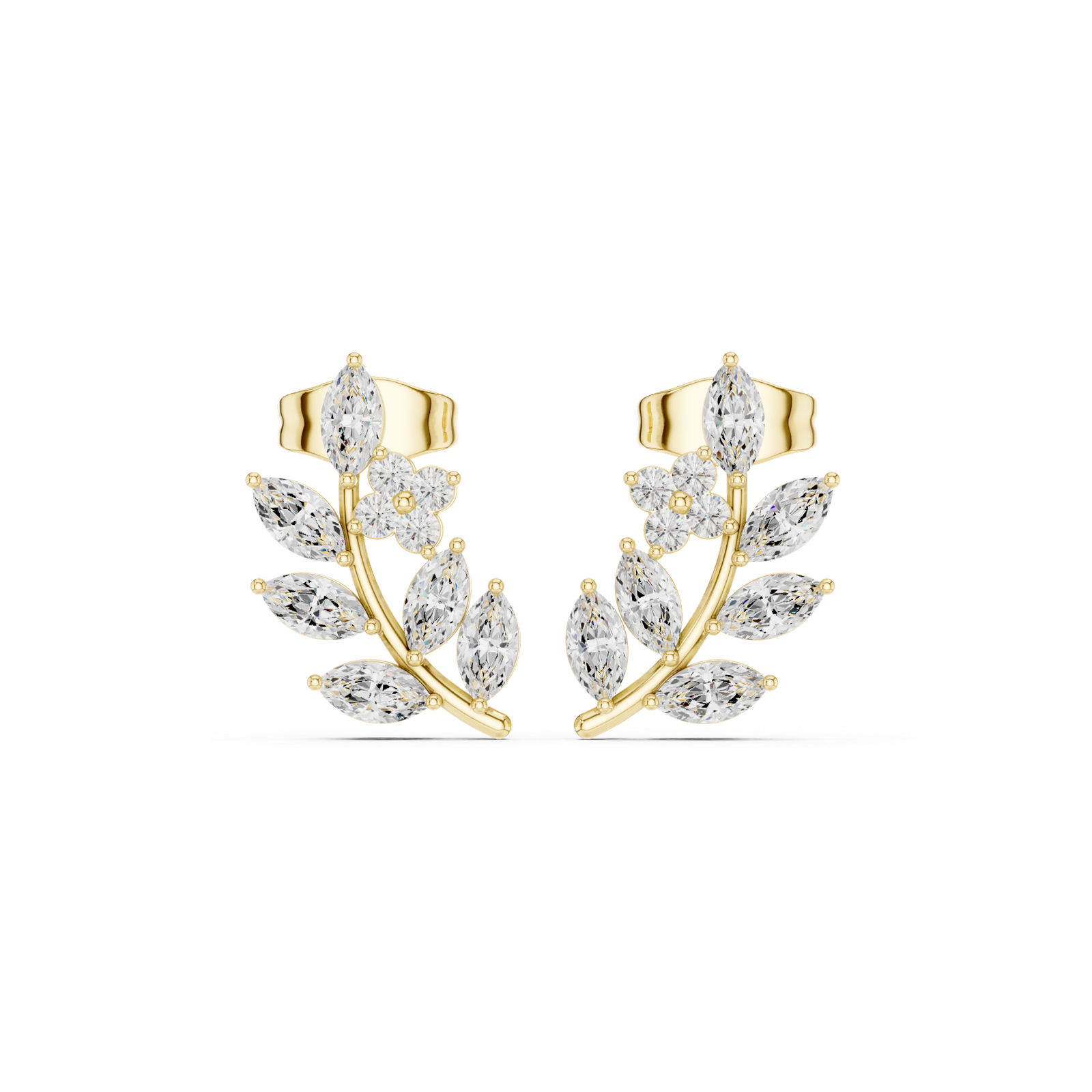 14K Solid Gold Lab Diamond Leaf Huggie Earrings, Yellow Gold