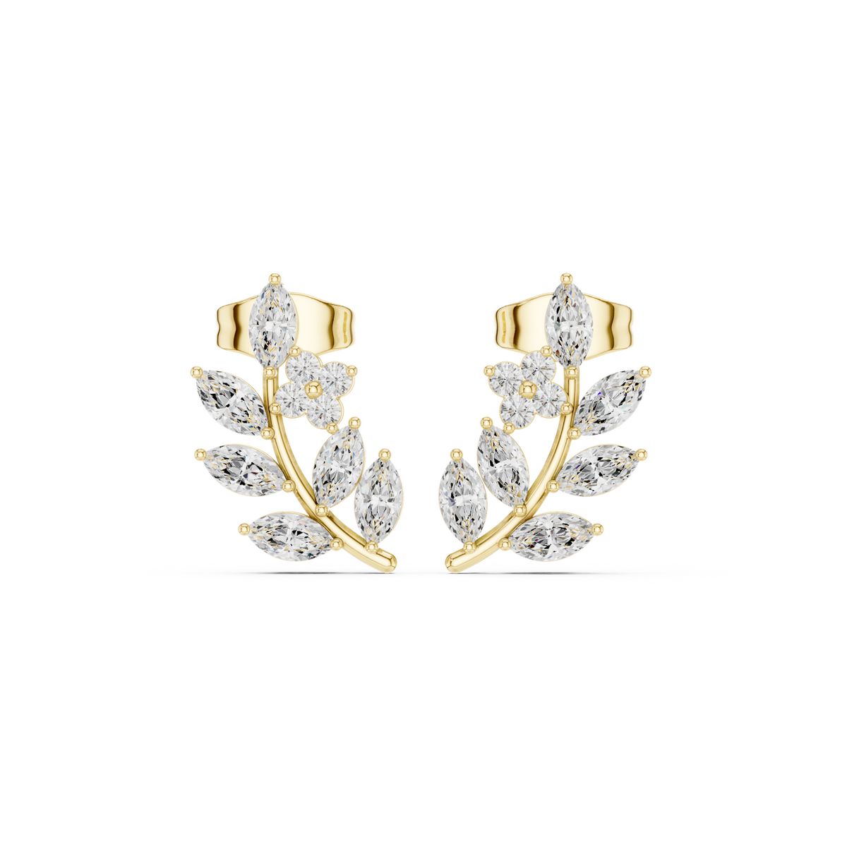 14K Solid Gold Lab Diamond Leaf Huggie Earrings, Yellow Gold